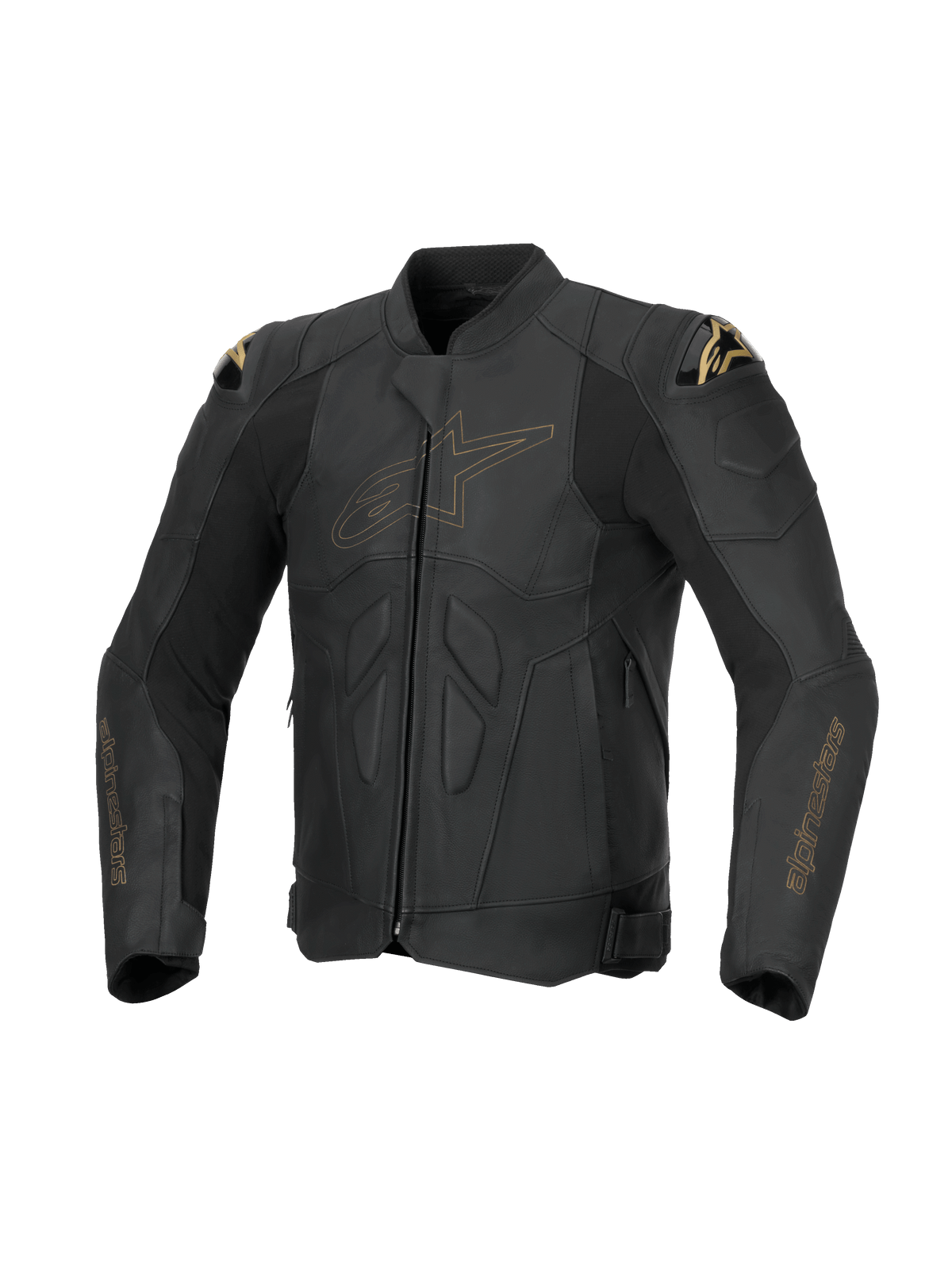 Alpinestars Dusk, chaqueta de cuero de moto para hombre, negro y dorado, estilo racing, con deslizadores de hombro DFS y protección Nucleon PLASMA, construcción de cuero bovino premium