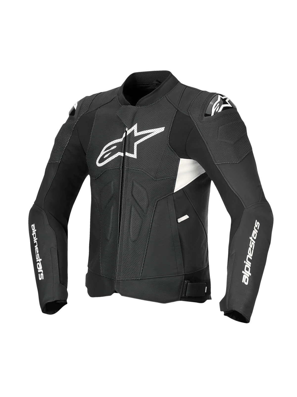 Alpinestars Dusk Airflow Leather Jacket, men's sport motorcycle leather jacket in Black and White, featuring extensive perforations, DFS shoulder armor, and CE Level AA certification