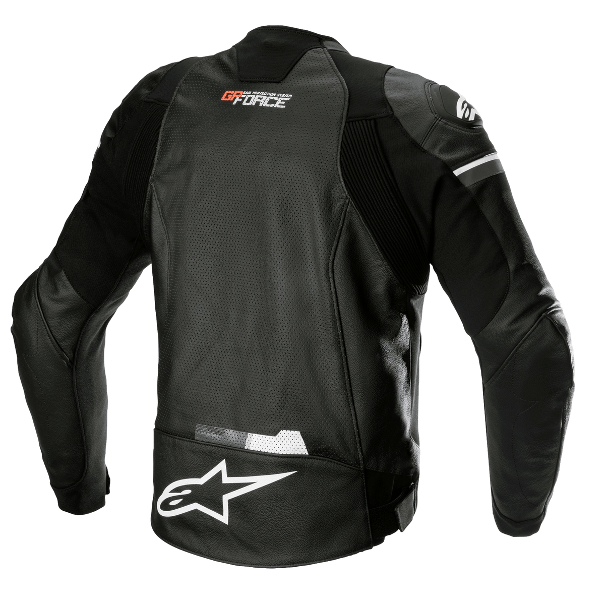 Chaqueta de cuero Alpinestars GP Force Airflow, negra, vista posterior con cuero de búfalo perforado para ventilación, marca GP Force en el cuello, gran logotipo de la estrella de Alpinestars en blanco en la parte inferior de la espalda y paneles elásticos integrados para un ajuste de conducción deportivo