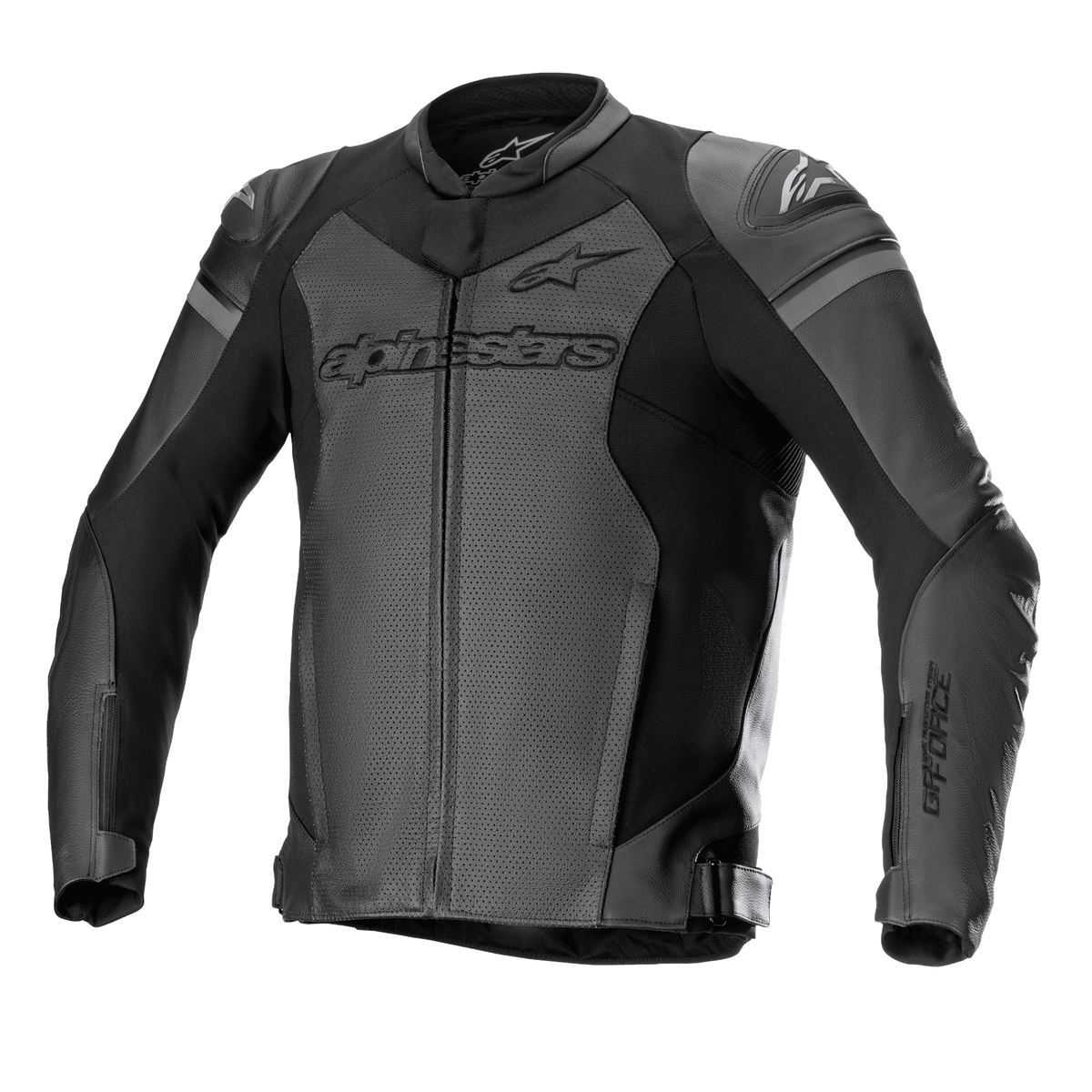 Alpinestars GP Force Airflow Leather Jacket, chaqueta de motociclismo, negra y gris oscuro, paneles perforados para ventilación, deslizadores de hombro externos DFS Lite, marca destacada en el pecho y mangas, confección en cuero de primera calidad con correas de cintura ajustables