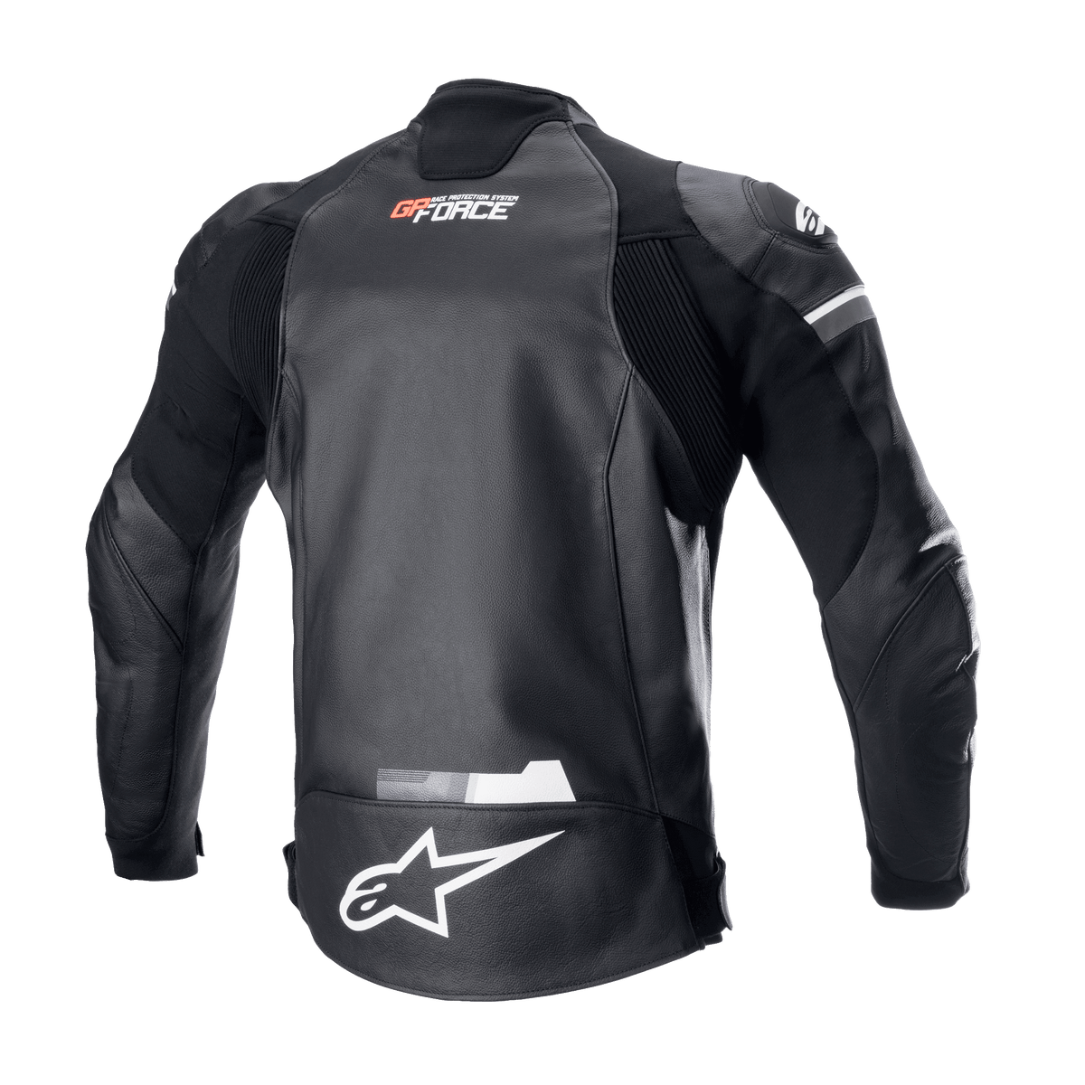 Chaqueta de cuero Alpinestars GP Force, negra, vista trasera con el logotipo blanco de Alpinestars en la parte inferior de la espalda y marca GP Force en la parte superior, paneles elásticos de acordeón y construcción duradera en cuero bovino para conducción en carretera