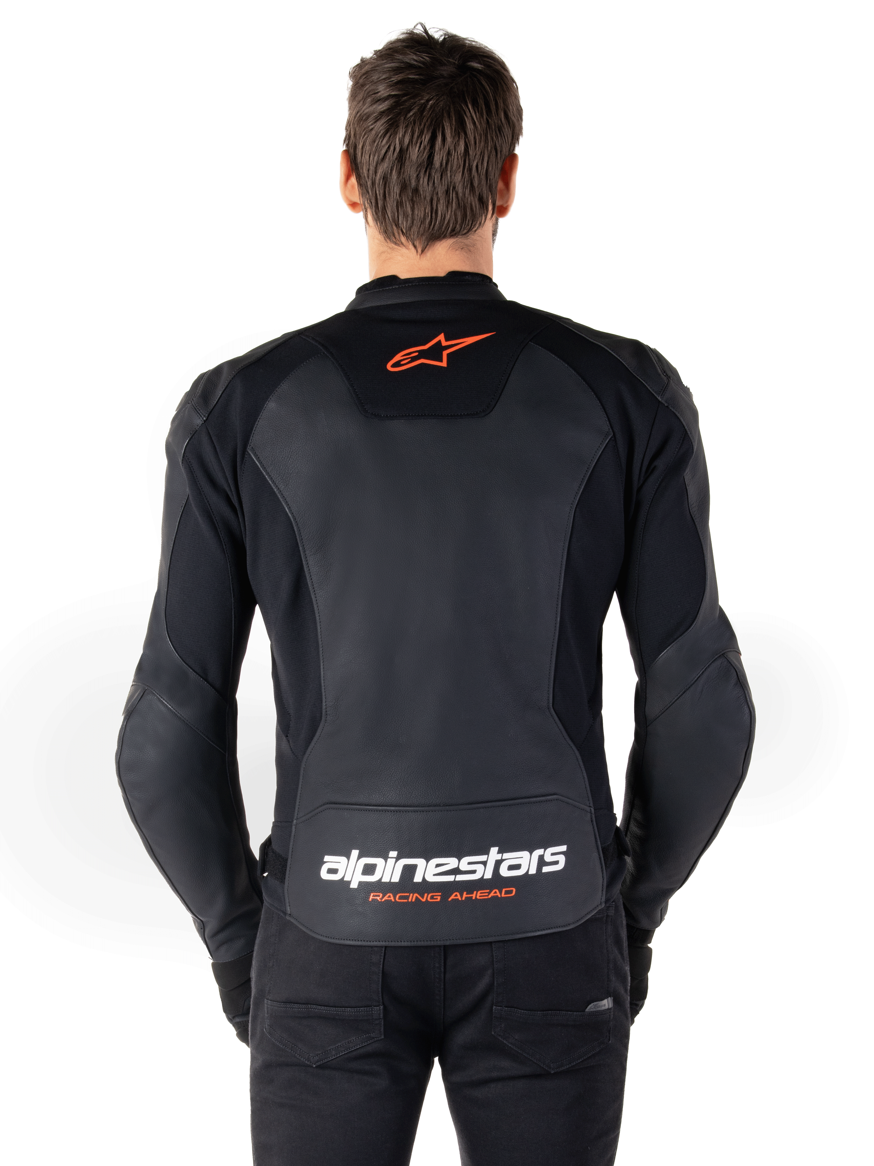 Alpinestars Faster V3 Leather Jacket, Sport Motorcycle Jacket, Black and Red Fluo, featuring premium leather construction with HRSF stretch panels and a refined sport-fit silhouette.