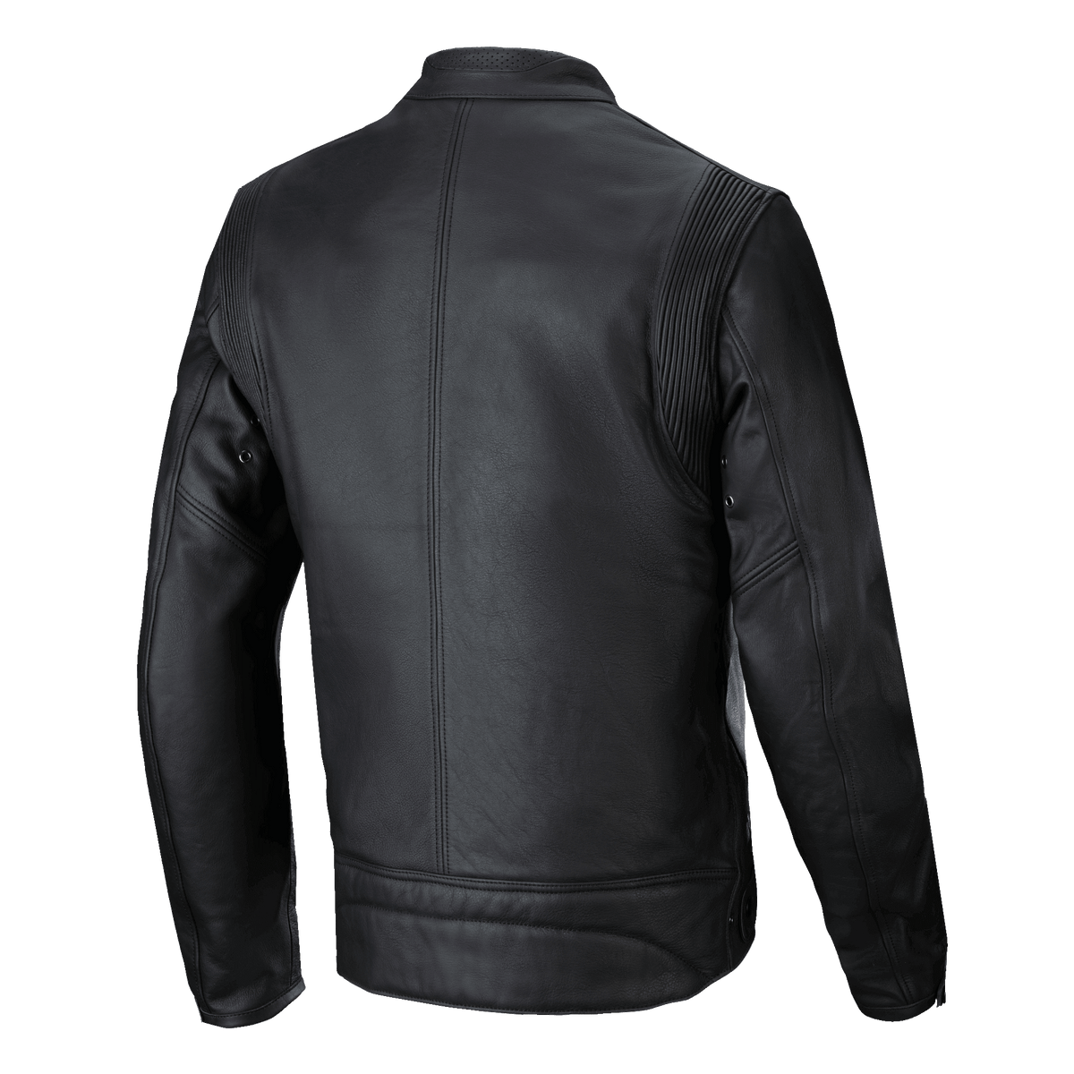 Chaqueta de cuero Alpinestars Dyno, negra, vista trasera, chaqueta de moto de inspiración clásica confeccionada en cuero bovino de primera calidad, con paneles elásticos en acordeón en los hombros y una costura vertical central limpia.