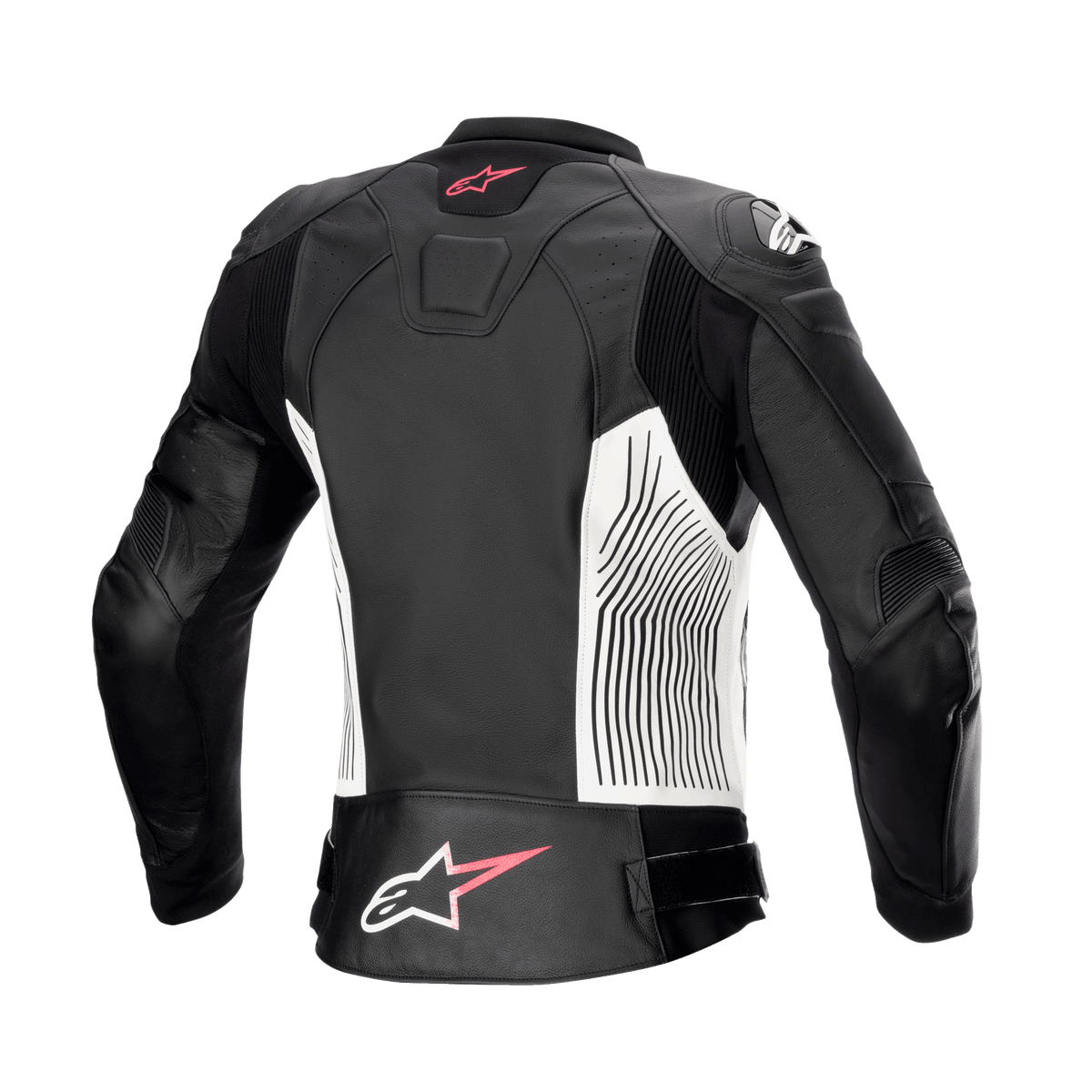 Alpinestars Women Stella GP Plus V4 Leather Jacket, Black White and Diva Pink, rear view, featuring white side panels with black graphic lines, pink and white Alpinestars logos on the upper and lower back, and leather accordion stretch panels for enhanced mobility.