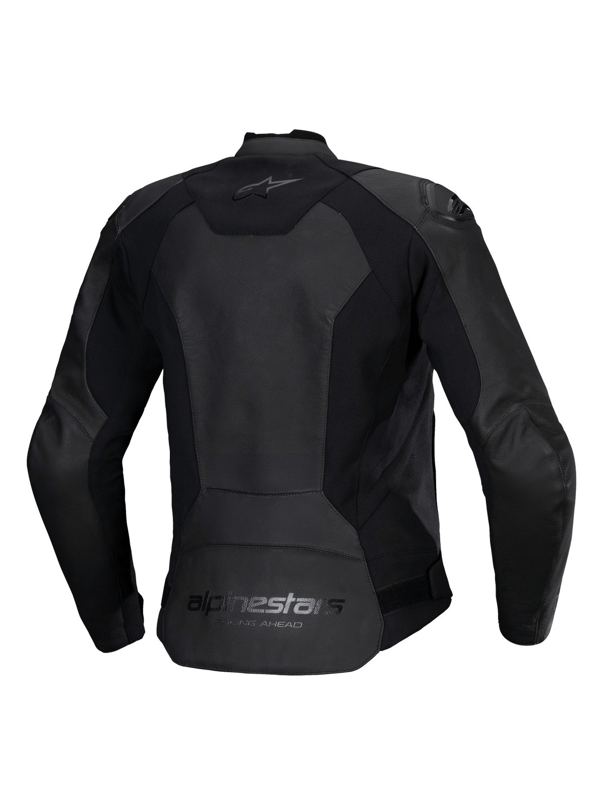 Chaqueta de cuero Alpinestars Stella Faster V3 para mujer, chaqueta de cuero de moto femenina, negra, vista trasera con logotipos de Alpinestars en la parte superior e inferior de la espalda, paneles elásticos para movilidad y parte trasera alargada para mayor cobertura.