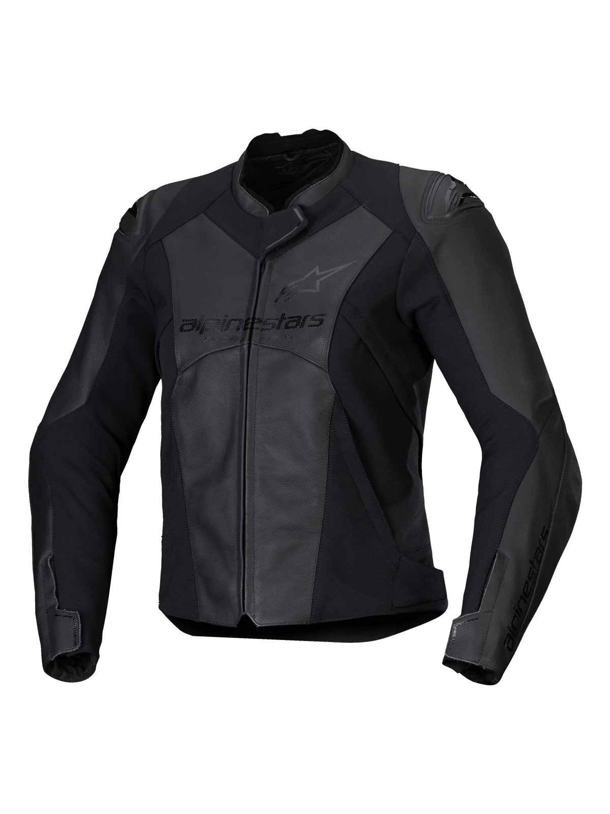 Alpinestars Stella Faster V3 Leather Jacket, chaqueta de moto deportiva para mujer, negra y gris oscuro, construcción de cuero de primera calidad y tejido con paneles elásticos HRSF, protección con certificación CE, cuello alto y cremallera frontal completa, ajuste estilizado derivado de la competición