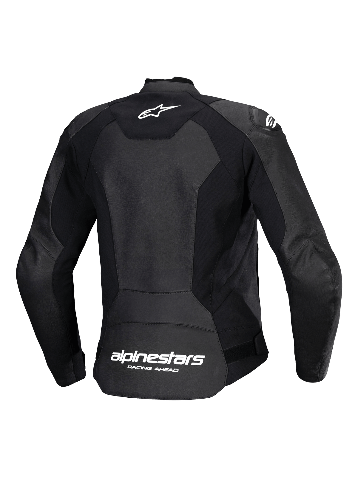 Chaqueta de cuero Alpinestars Stella Faster V3, chaqueta de moto deportiva para mujer, negra y blanca, vista trasera que muestra la construcción de cuero de múltiples paneles y tejido elástico, logotipo de Alpinestars blanco en la parte superior de la espalda y marca en la parte inferior, ajuste atlético estilizado para conducción de alto rendimiento