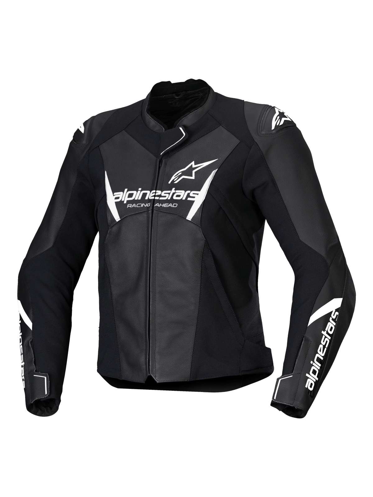 Chaqueta de cuero Alpinestars Stella Faster V3, chaqueta de motociclismo de competición para mujer, negro y blanco, con logotipos de Alpinestars en blanco en el pecho y las mangas, confección en cuero de primera calidad con hombros reforzados, diseño deportivo aerodinámico