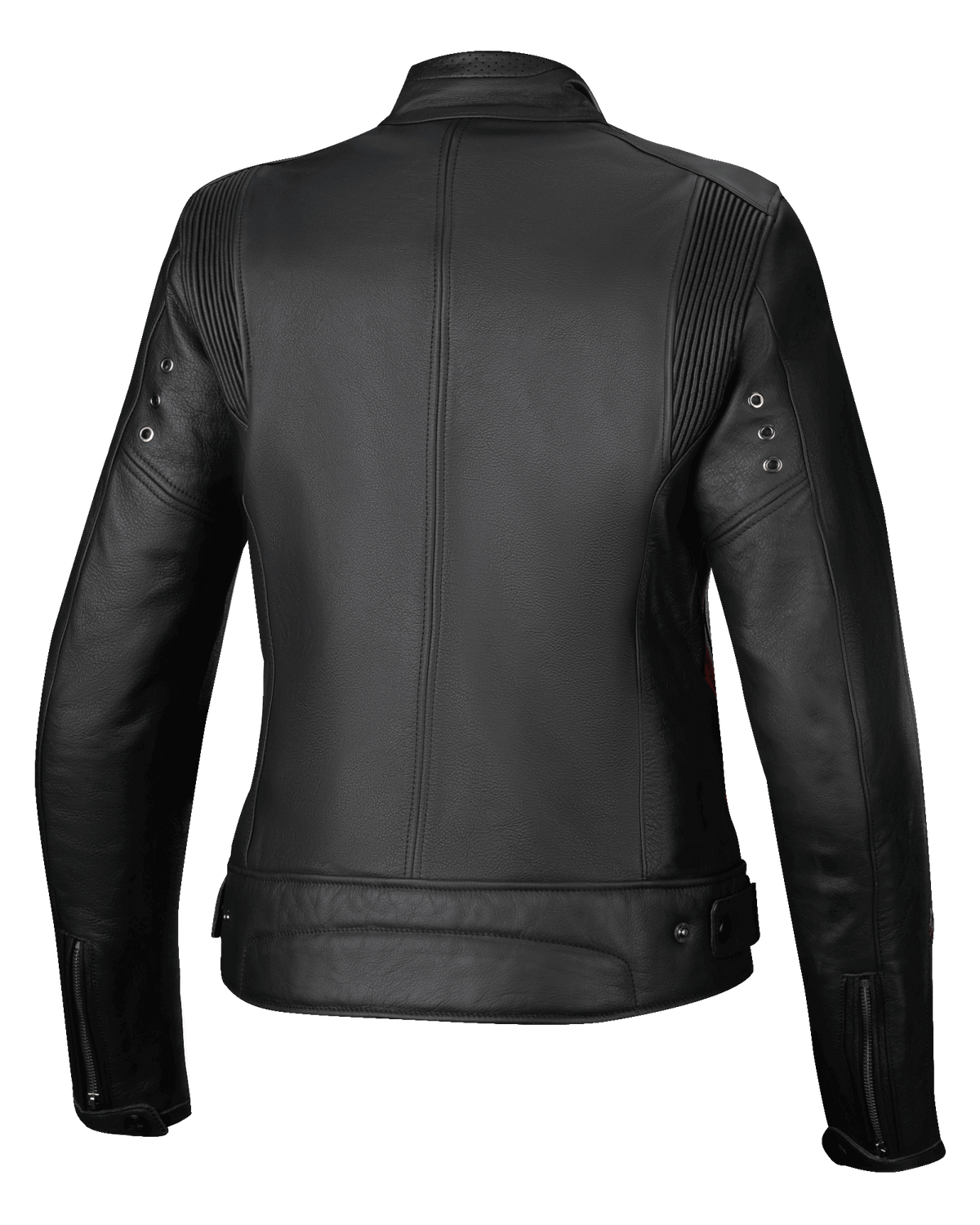 Alpinestars Chaqueta De Cuero Stella Dyno, chaqueta de moto urbana para mujer, vista trasera, negra con detalles rojos, construcción de cuero bovino de primera calidad
