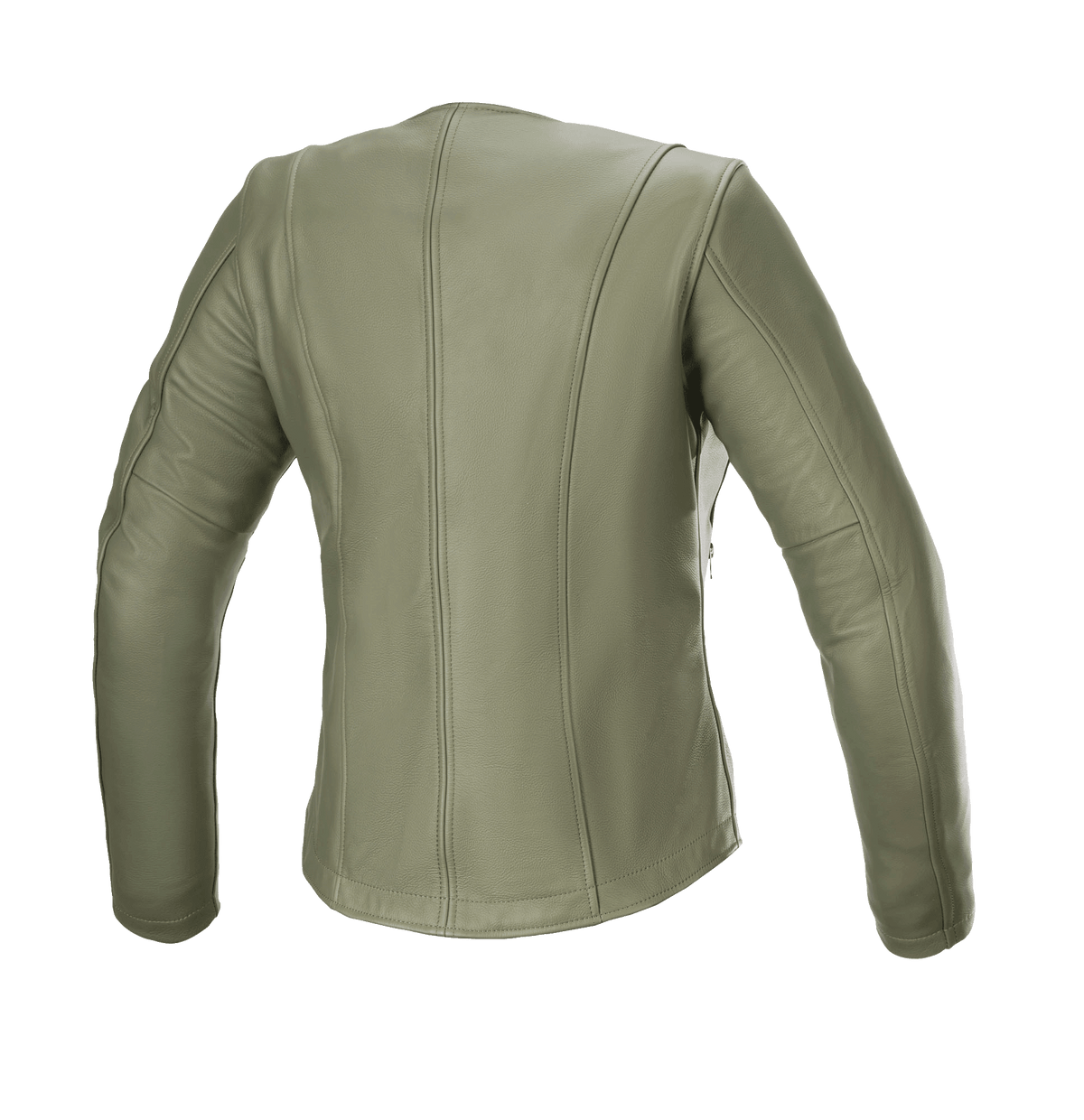 Chaqueta de cuero para mujer Alice de Alpinestars, verde militar, vista trasera, chaqueta de moto de cuero premium con elegantes costuras verticales contorneadas y mangas precurvadas para un ajuste femenino urbano.