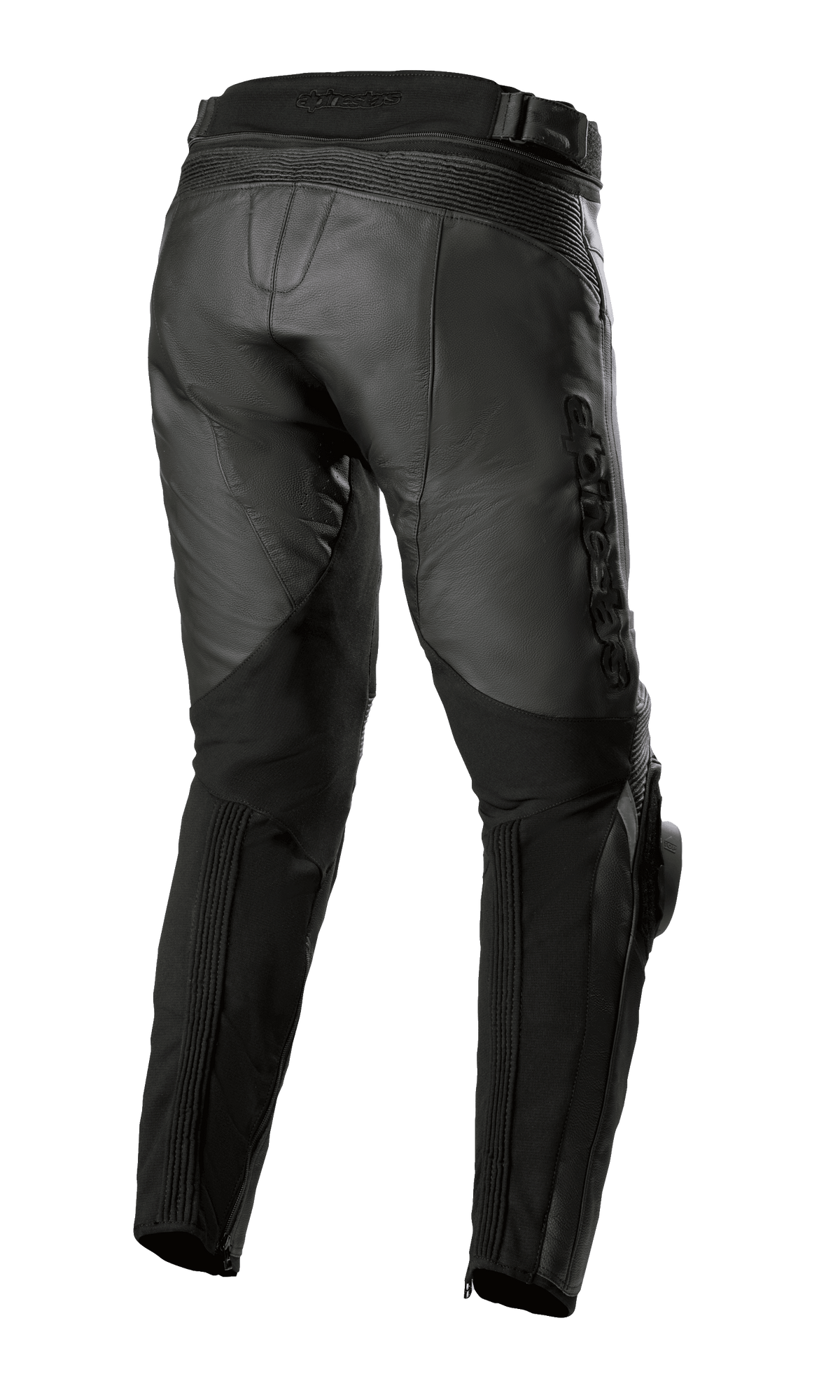 Alpinestars Missile V3 Leather Pants - Short, vista trasera que muestra la construcción de cintura trasera alta, zonas de cuero extensible tipo acordeón sobre la rodilla y paneles elásticos en la pantorrilla para mayor movilidad, equipamiento de cuero bovino premium para motociclismo de carretera.