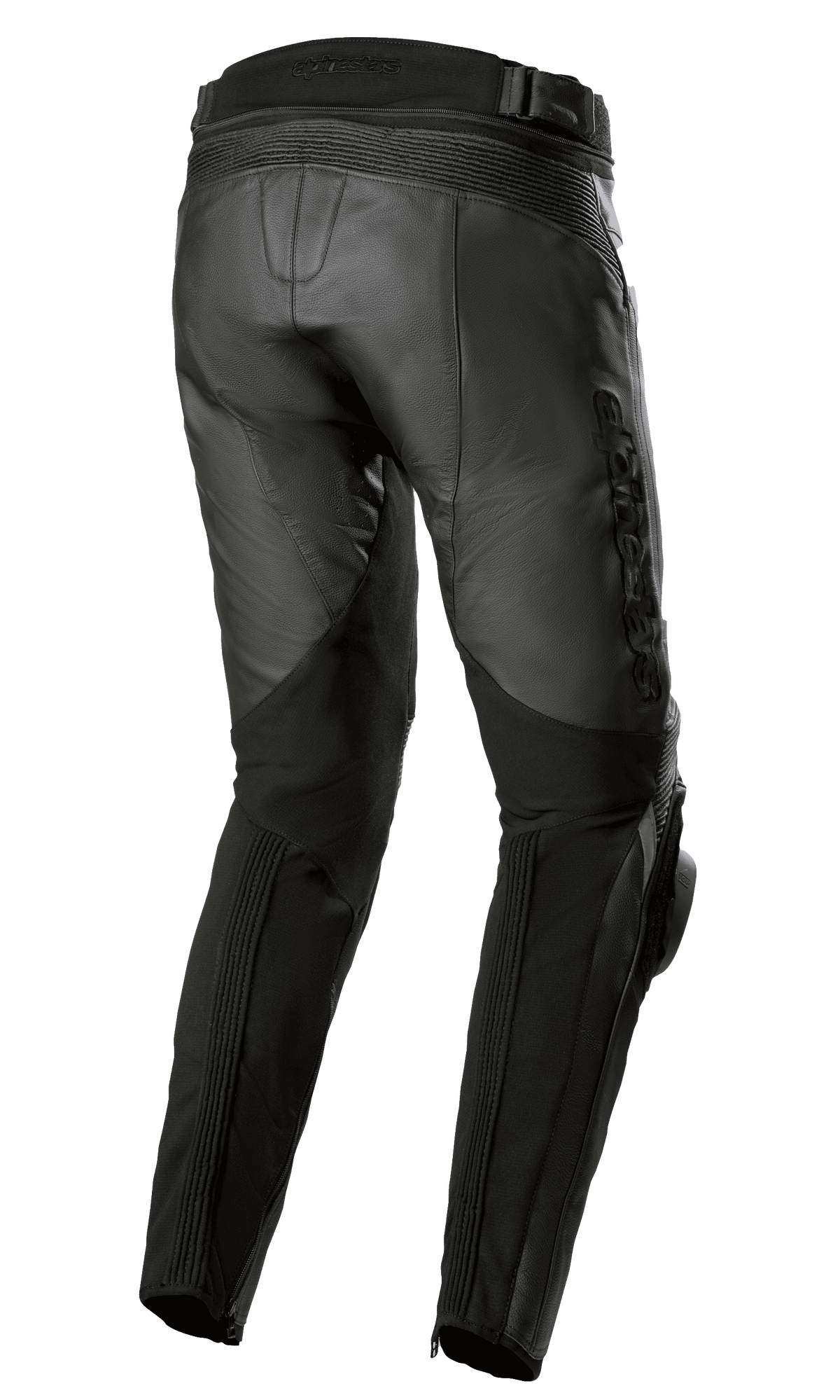 Pantalones de cuero Alpinestars Missile V3 - Long, negros, vista trasera y lateral, con construcción de cuero bovino de primera calidad, paneles elásticos de acordeón sobre la rodilla, cintura trasera alta y logotipo de Alpinestars en relieve en el muslo, equipamiento de motociclismo deportivo y de competición.