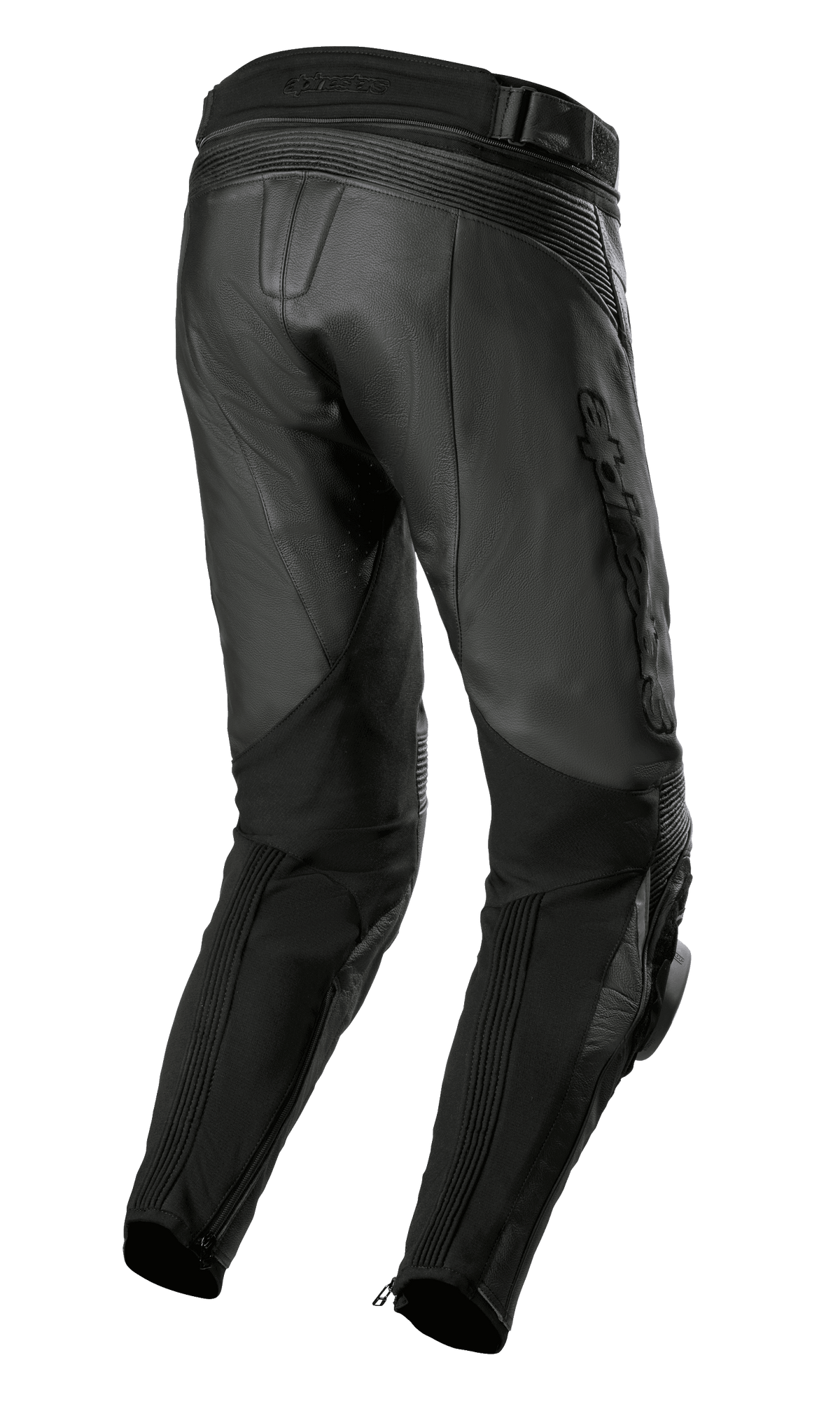 Pantalones de cuero Alpinestars Missile V3 Airflow, color negro, vista trasera con construcción en cuero premium, zonas elásticas en acordeón sobre la rodilla, cintura trasera alta y paneles flexibles en las pantorrillas con cremalleras en los tobillos.