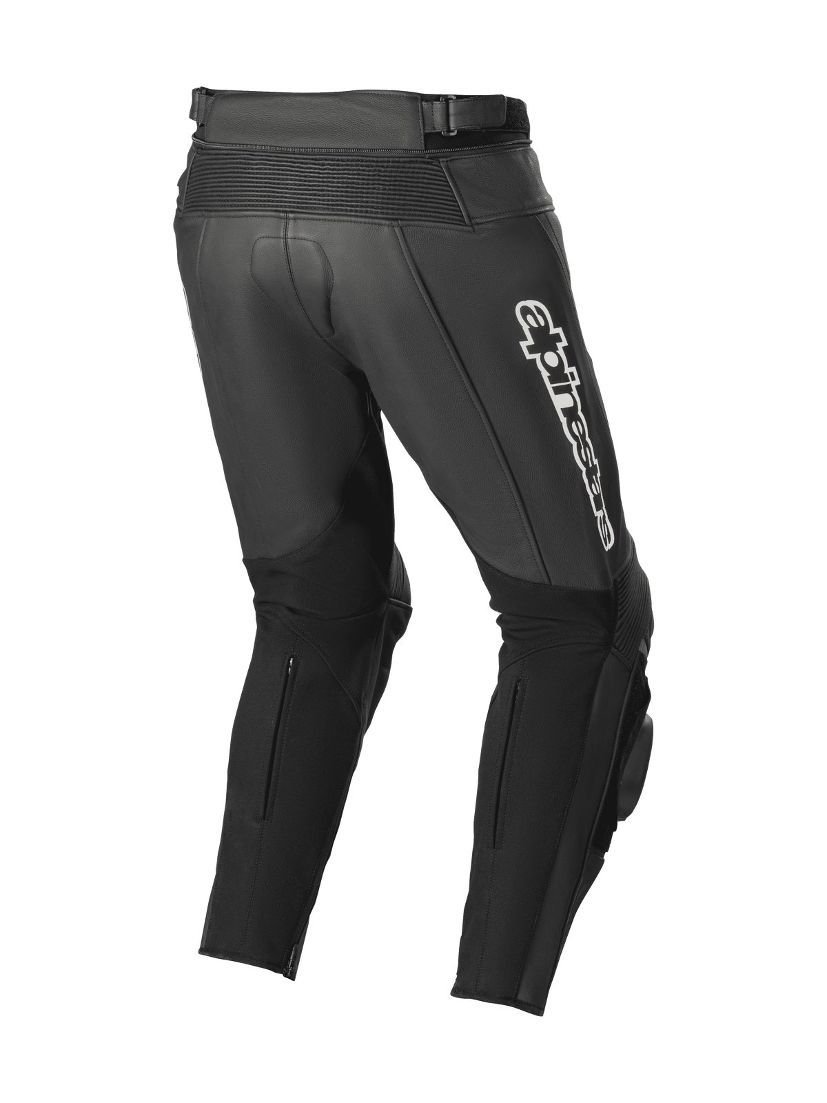 Alpinestars Track V2 Leather Pants, Black, rear view showing accordion leather stretch zones, white Alpinestars branding on the thigh, large stretch panels on calves, and integrated knee sliders for track and street use