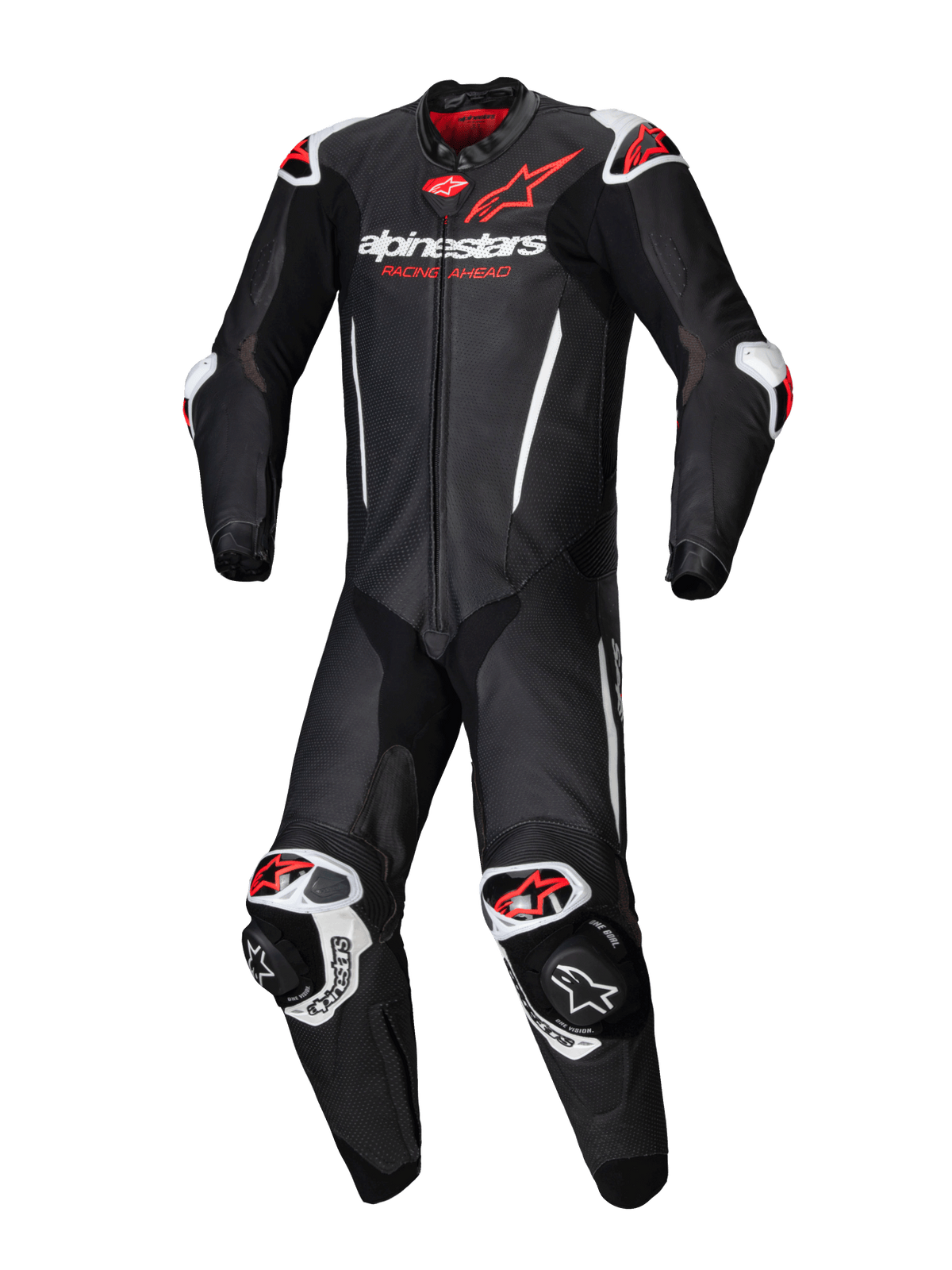 Alpinestars mono de cuero 1 pieza GP-R7, mono de carreras para hombre, negro, blanco y rojo flúor, cuero bovino de 1,3 mm, compatible con sistema de airbag Tech-Air