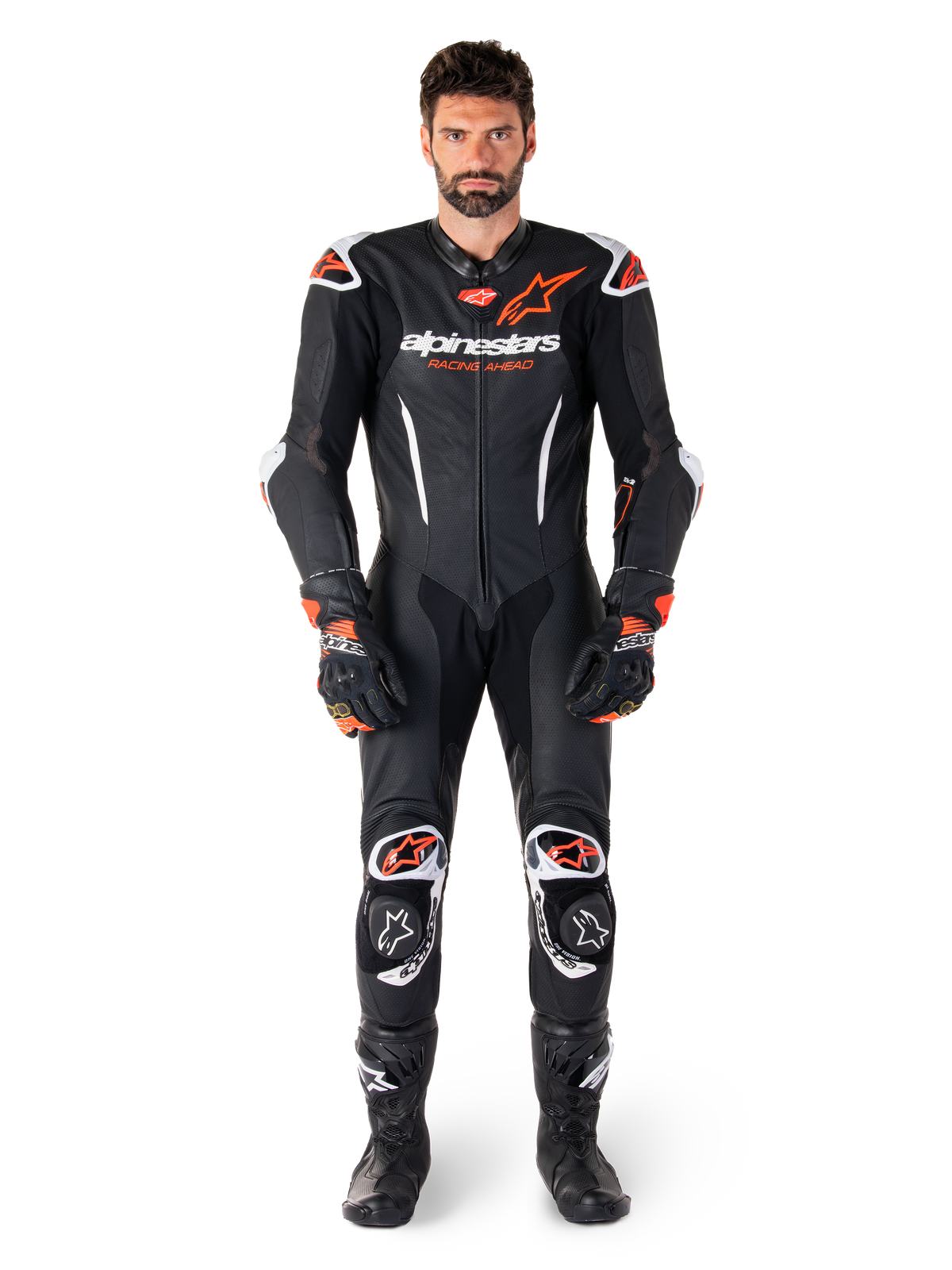 Alpinestars GP-R7, mono de cuero de una pieza para hombre, negro, blanco y rojo flúor, equipo profesional de carreras de motos