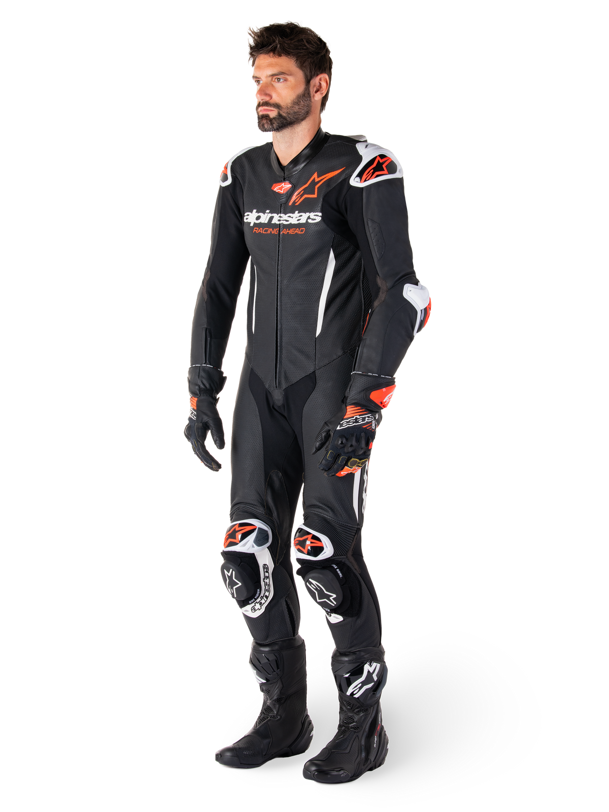 Alpinestars GP-R7, mono de cuero 1 pieza para carreras de moto, hombre, negro y rojo fluo, cuero perforado.