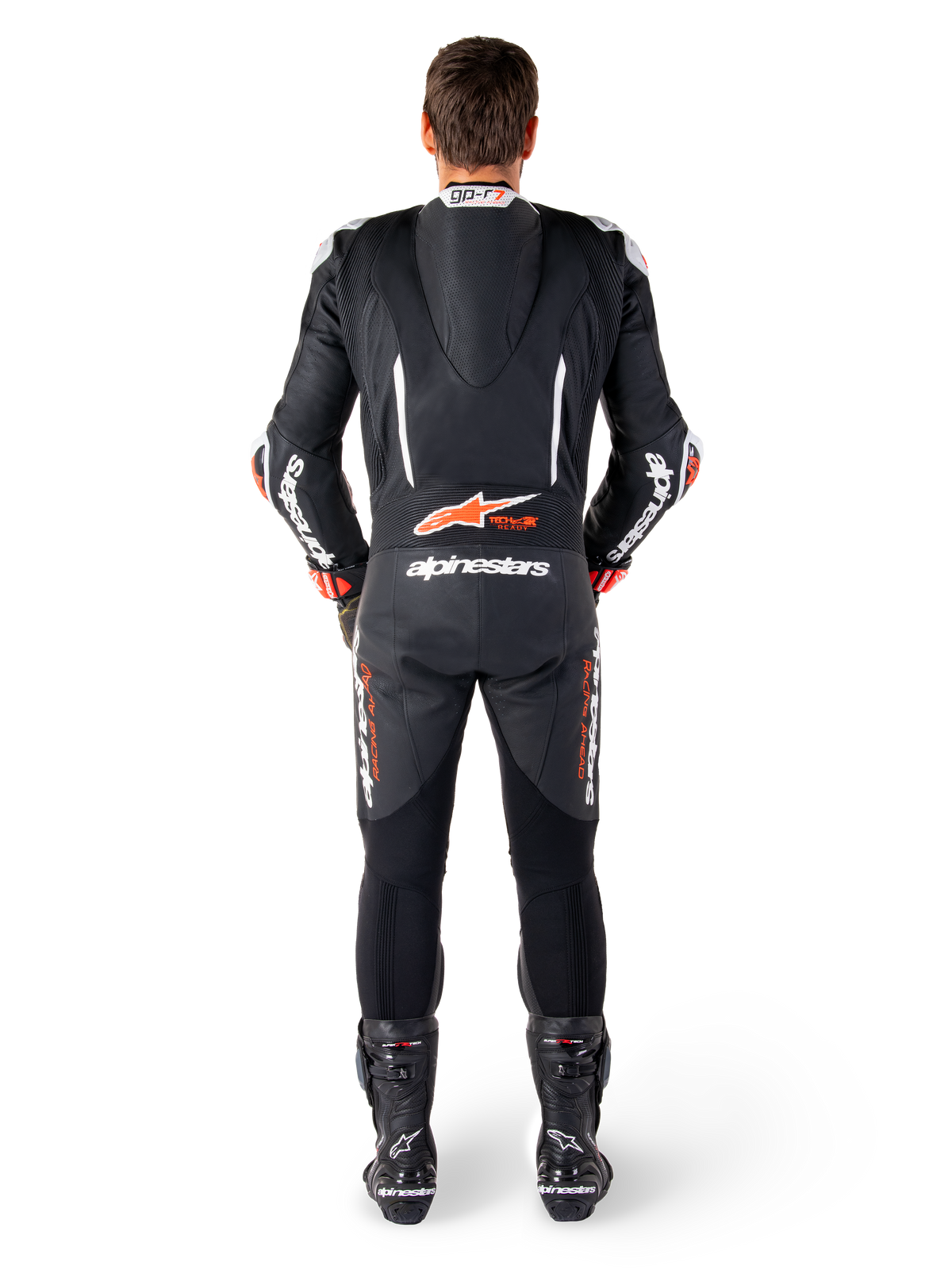 Alpinestars GP-R7, mono de cuero de una pieza para hombre, negro y blanco, con joroba aerodinámica, vista trasera
