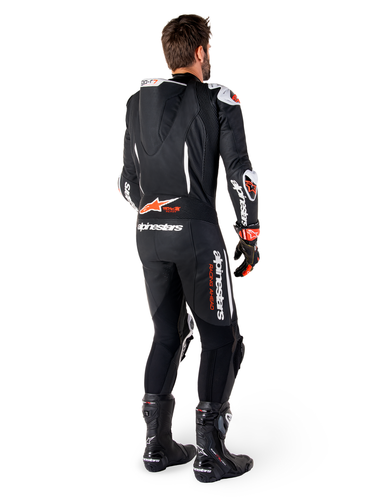 Alpinestars GP-R7, mono de cuero de una pieza para carreras, hombre, negro y rojo flúor, con joroba aerodinámica