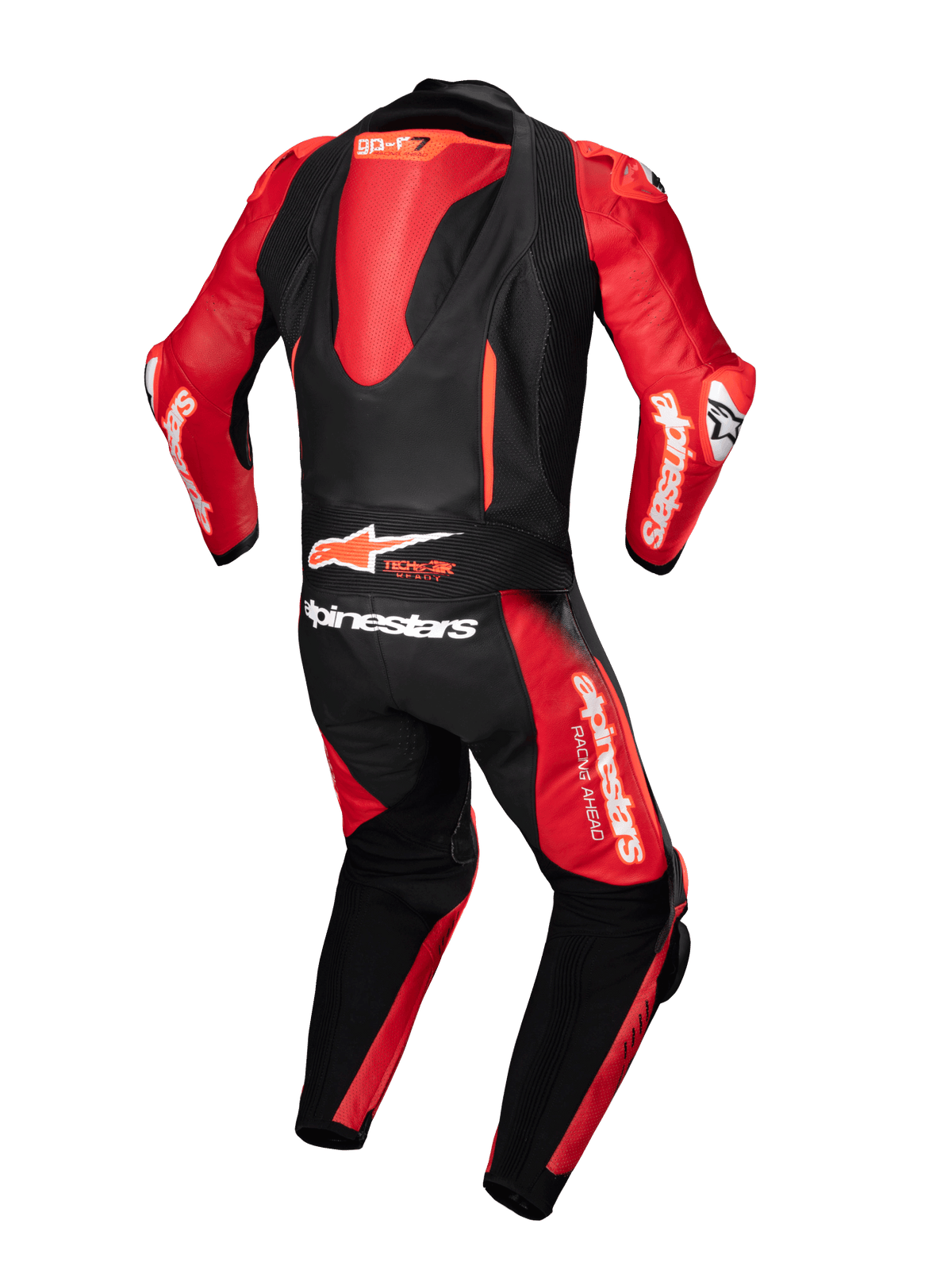 Alpinestars GP-R7, mono de cuero de una pieza para moto, negro y rojo con joroba aerodinámica y logo Tech-Air Ready.