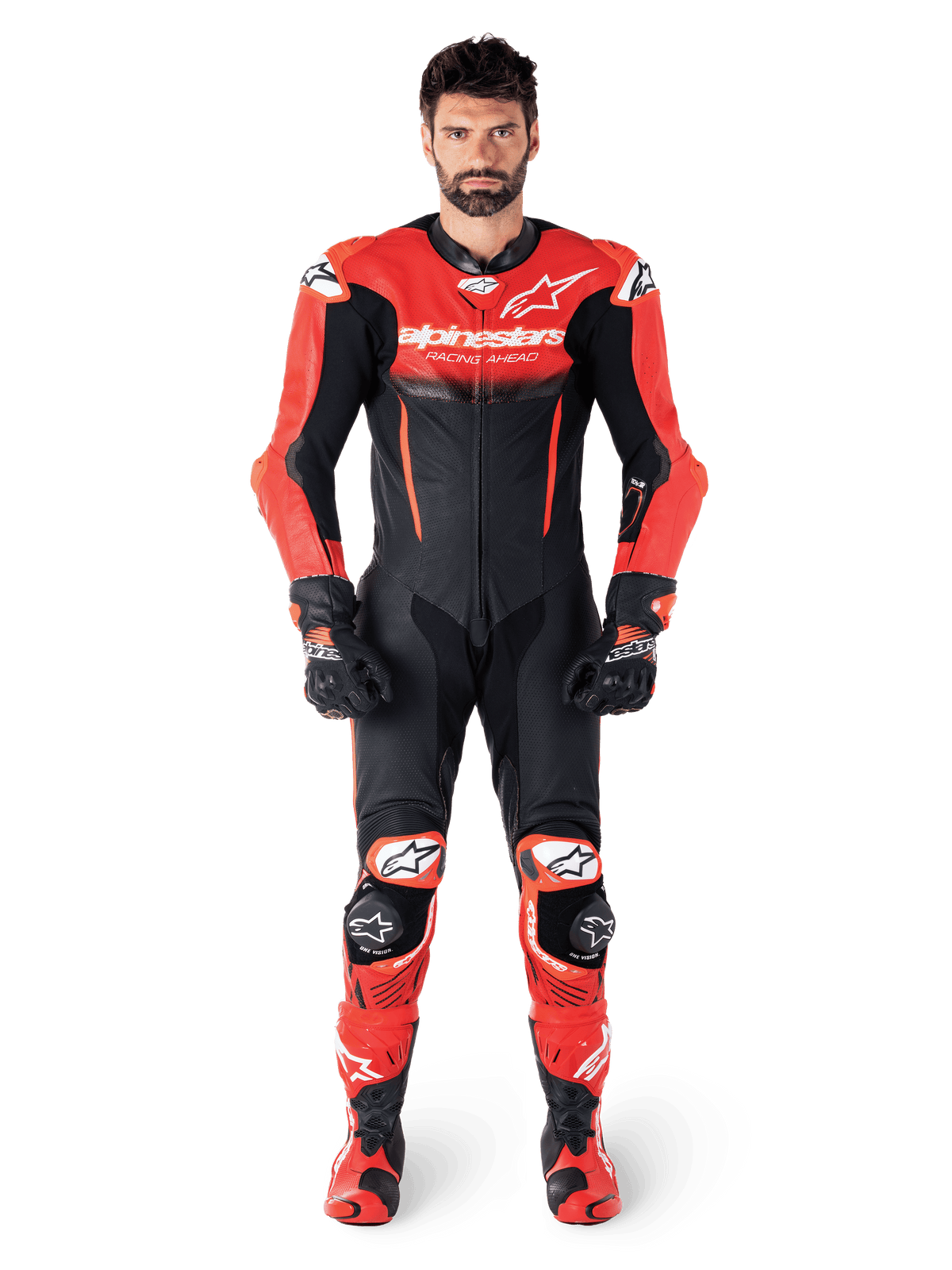 Mono de cuero de una pieza Alpinestars GP-R7, para carreras, hombre, negro y rojo, cuero bovino, vista frontal del modelo.