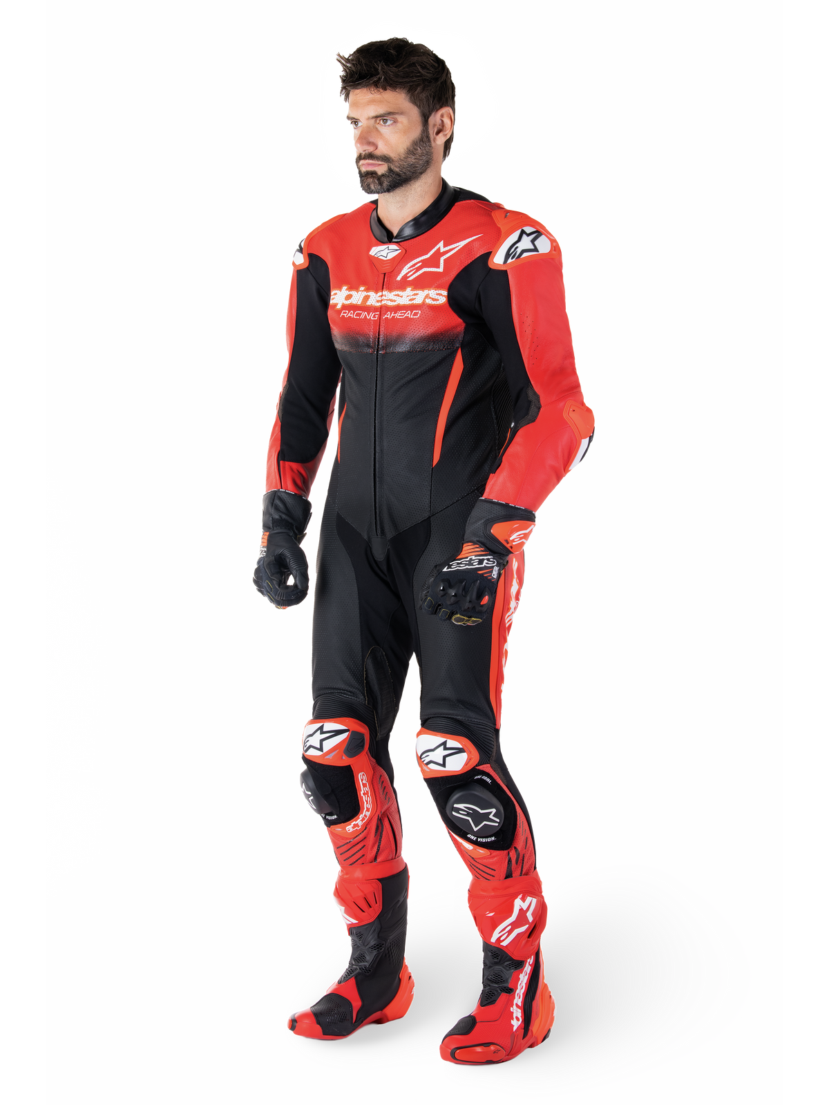 Alpinestars GP-R7, mono de cuero de carreras para hombre, negro y rojo, compatible con Tech-Air, cuero perforado, en modelo.