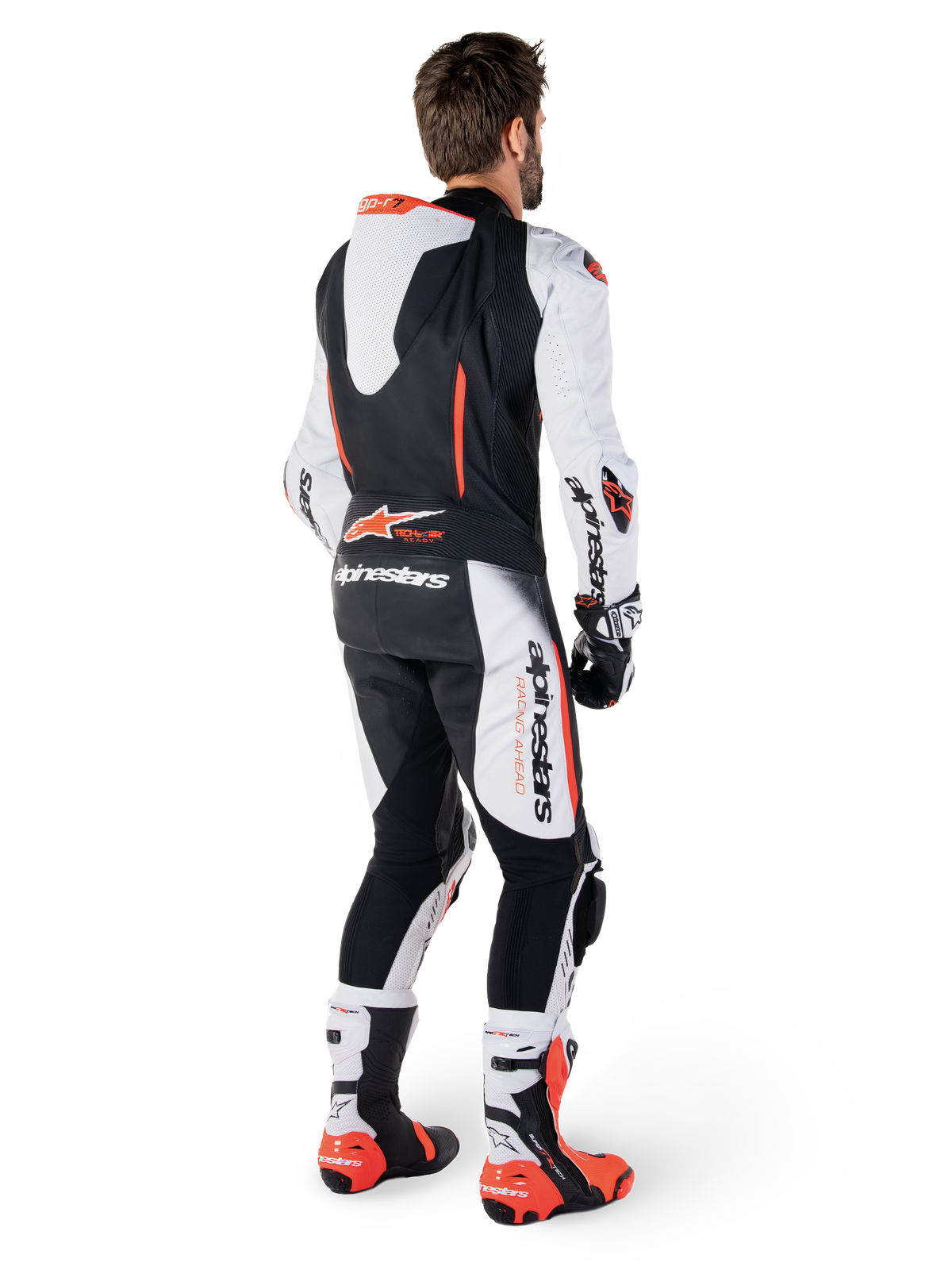 Alpinestars GP-R7 Leather Suit, 1 Piece motorcycle racing suit for men, White and Black, bovine leather with aero hump.