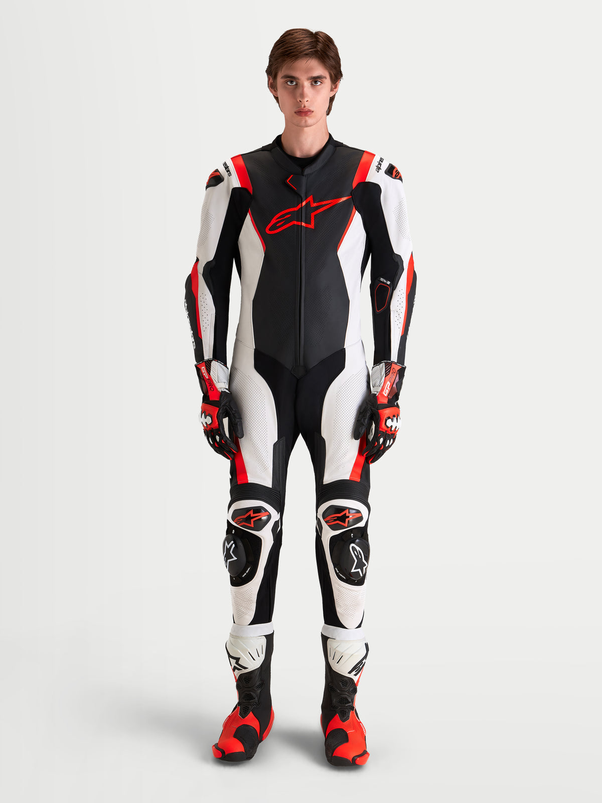 Alpinestars Missile V3 Leather Suit 1 Pc, Men's One-Piece Motorcycle Racing Suit, Black White and Red Fluo, AAA Certified leather construction with integrated armor and aerodynamic race profile