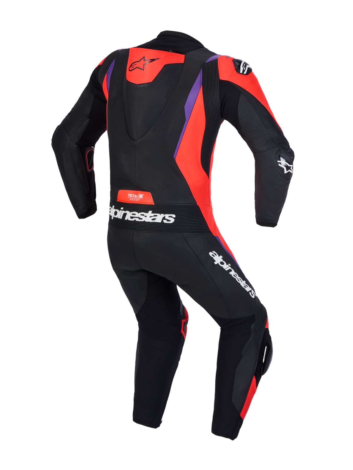 Alpinestars Missile V3 Leather Suit 1 Pc, mono de cuero para carreras, vista trasera con joroba aerodinámica, negro, rojo y morado, certificado CE