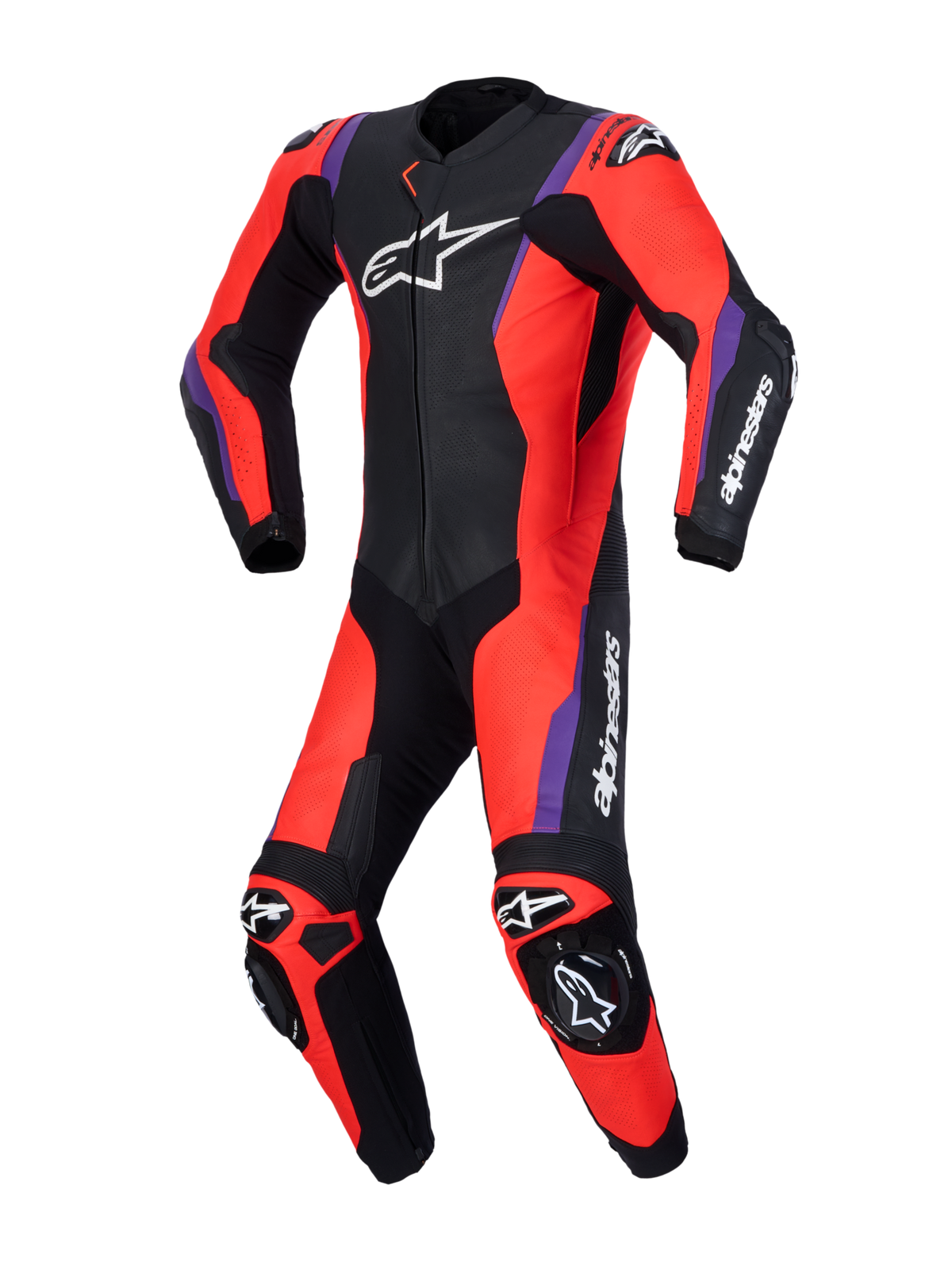 Alpinestars Missile V3, mono de cuero de una pieza para carreras de moto, negro, rojo y morado, certificado CE