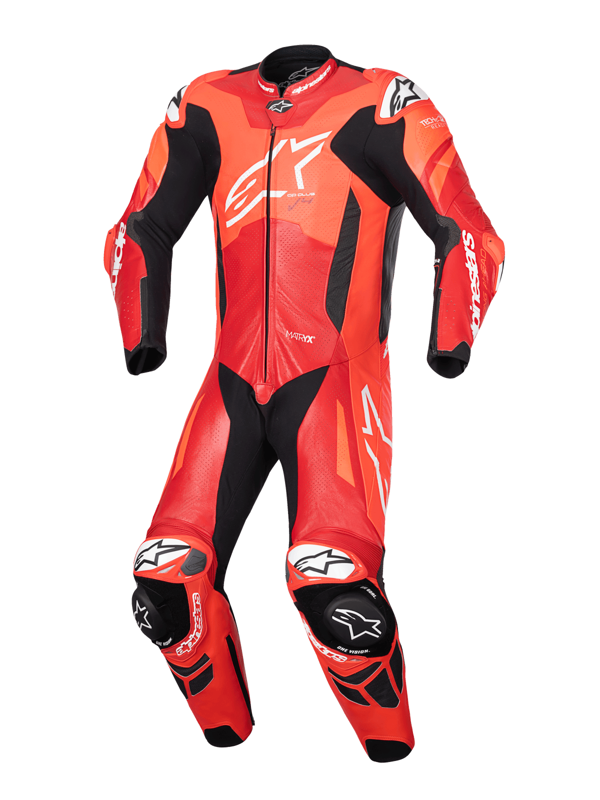 Alpinestars GP Plus V4 Sprint 1PC, mono de cuero para carreras de moto para hombre, rojo fluo y blanco, cuero perforado, certificado CE AAA, preparado para sistema Tech-Air