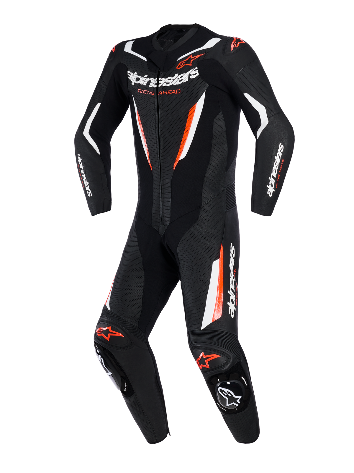 Alpinestars GP Force V2 Leather Suit, traje de cuero de 1 pieza para motociclismo, negro, blanco y rojo flúor, con paneles de cuero perforado, detalles en blanco y rojo fluorescente, logotipo de Alpinestars en el pecho y las mangas, diseño profesional listo para la pista