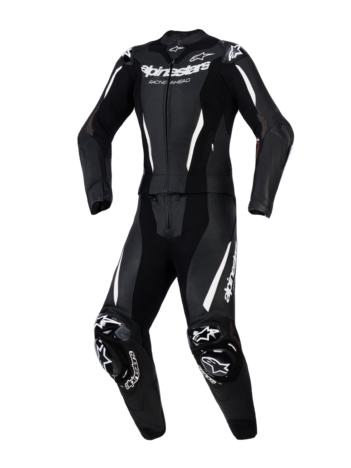 Alpinestars Stella GP-R7 2-Piece Leather Suit, traje de carreras de motociclismo para mujer, negro con detalles y logotipos en blanco, con cuero perforado para ventilación, protecciones externas DFS en hombros y rodillas, y un ajuste atlético precurvado.