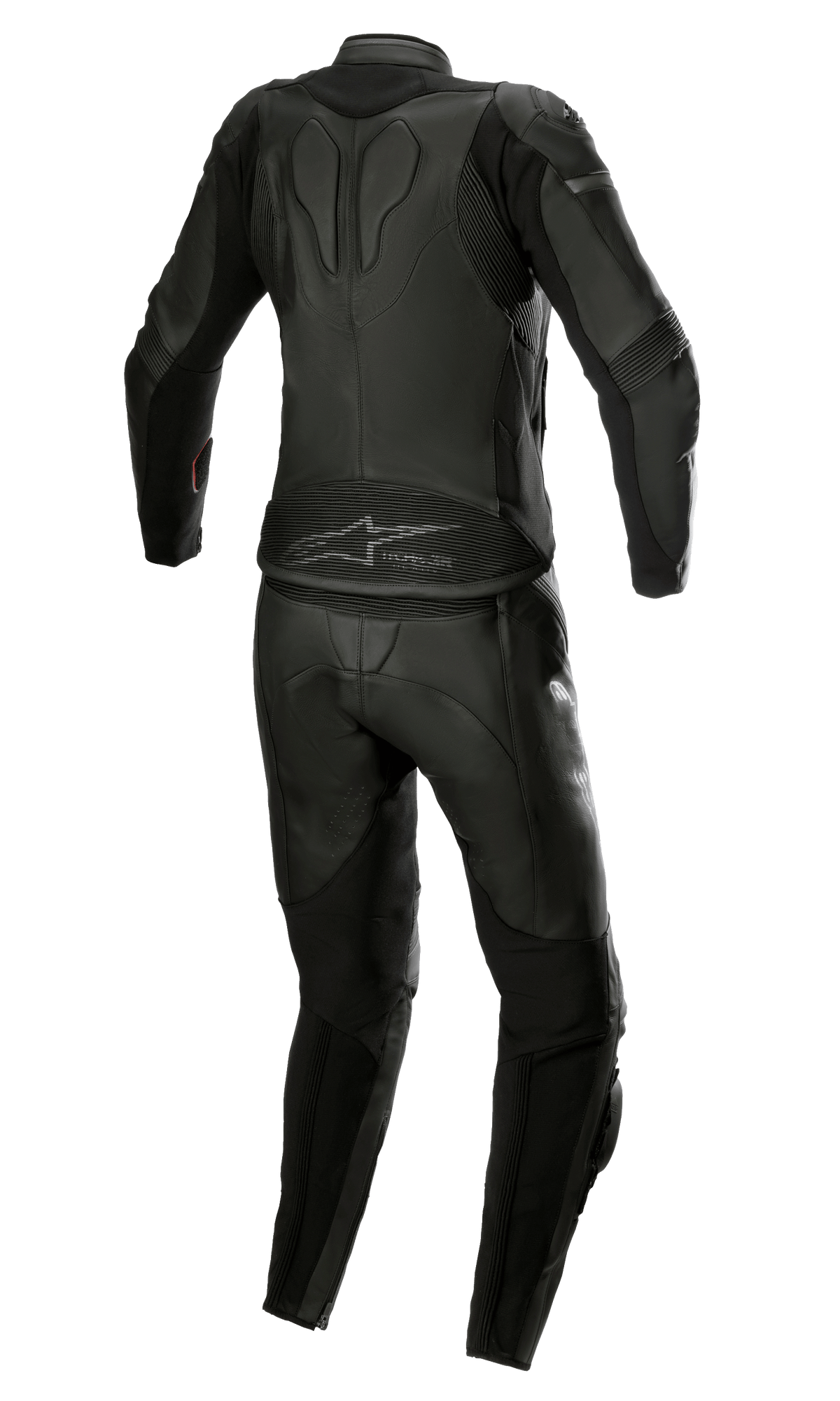 Alpinestars Women Stella GP Plus 2-Piece Leather Suit, Black Metallic Gray, Rear view showcasing streamlined design with accordion stretch panels, protective leather construction, and Alpinestars branding on the lower back, specifically tailored for a women's race fit.