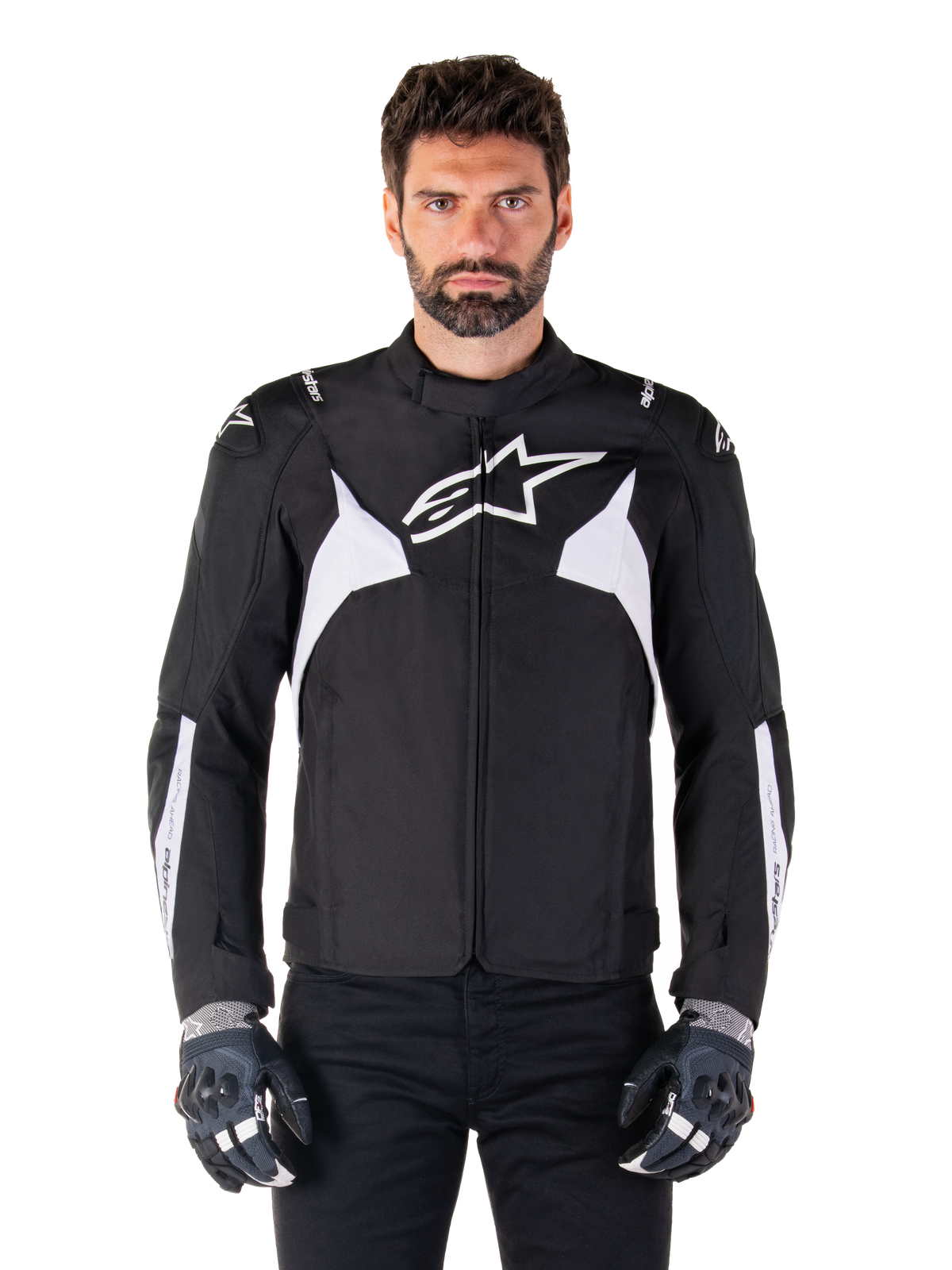 Alpinestars T-Jaws V4 Waterproof Jacket, chaqueta de moto deportiva de textil para hombre, negra y blanca, con logo de estrella blanco en el pecho, detalles blancos en los hombros y franjas en los antebrazos, cuello alto y ajuste atlético para carretera