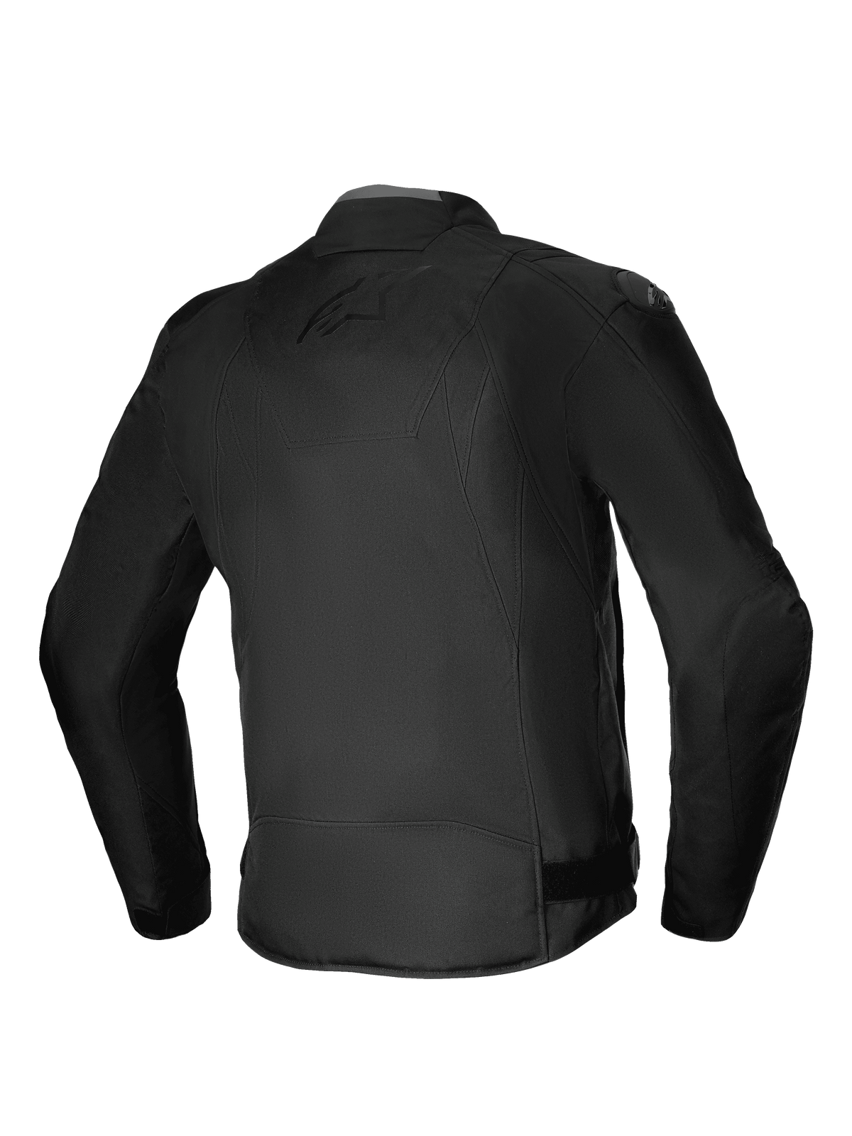 Chaqueta impermeable Alpinestars T-SP 1 V2, chaqueta de moto textil, negro, vista trasera que muestra la silueta deportiva 3D, deslizadores de hombro DFS Lite y marca tonal sutil en la espalda, equipamiento de conducción duradero para todo tipo de clima