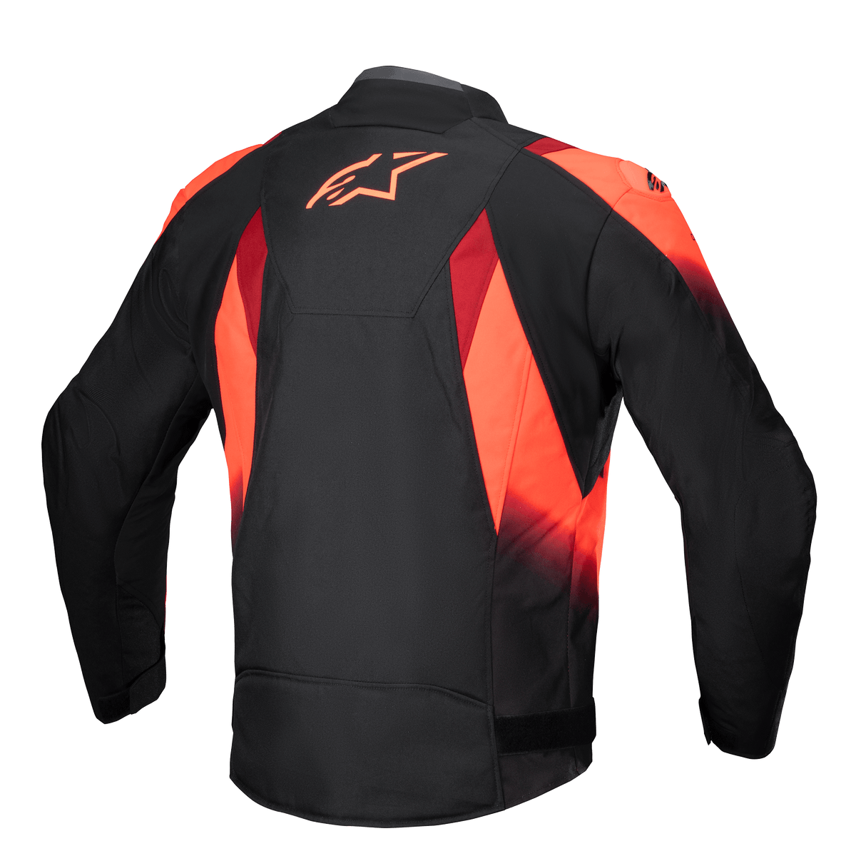 Alpinestars T-SP 1 V2 Waterproof Jacket, vista trasera, negro y rojo flúor, chaqueta textil para moto con un llamativo logotipo de Astars en la parte superior de la espalda, gráficos sublimados y silueta de corte deportivo