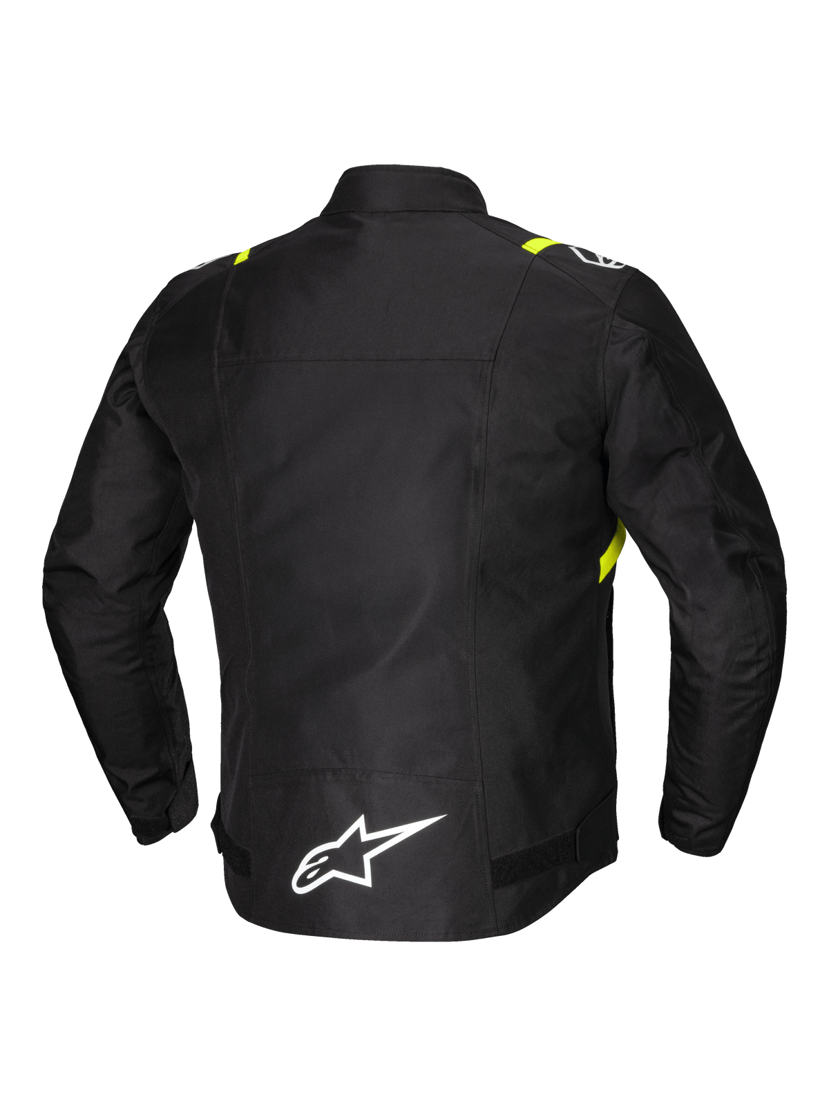 Alpinestars Chaqueta T-SPS V2 Impermeable, chaqueta de moto deportiva textil para hombre, vista trasera que muestra detalles reflectantes y logotipo blanco en la parte baja de la espalda extendida, negra con detalles en blanco y amarillo flúor