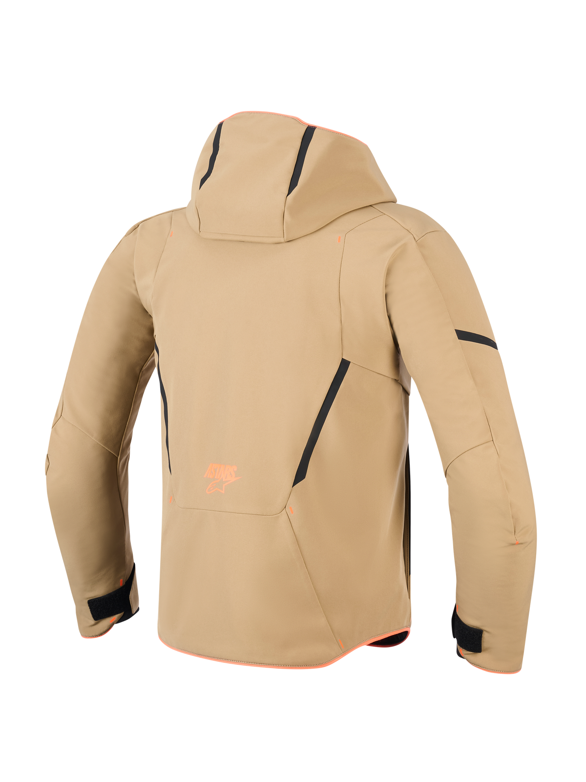 Chaqueta Alpinestars Aeroshell Waterproof, vista trasera, caqui oscuro con detalles en negro y naranja flúor, con capucha, líneas de contraste negras y logotipo naranja, sudadera con capucha de moto softshell deportiva