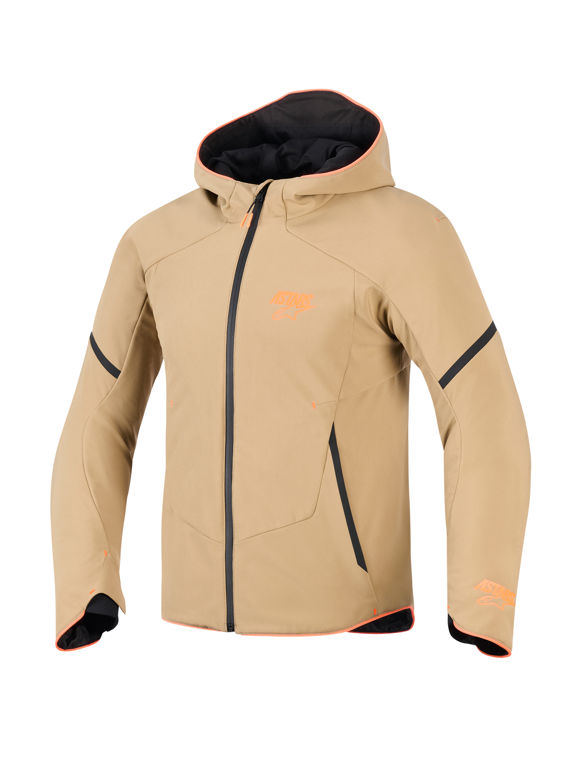 Chaqueta impermeable Alpinestars Aeroshell, caqui oscuro con detalles en negro y naranja flúor, estilo sudadera softshell deportiva, equipamiento técnico para motociclista con ribetes naranjas y logotipo en el pecho