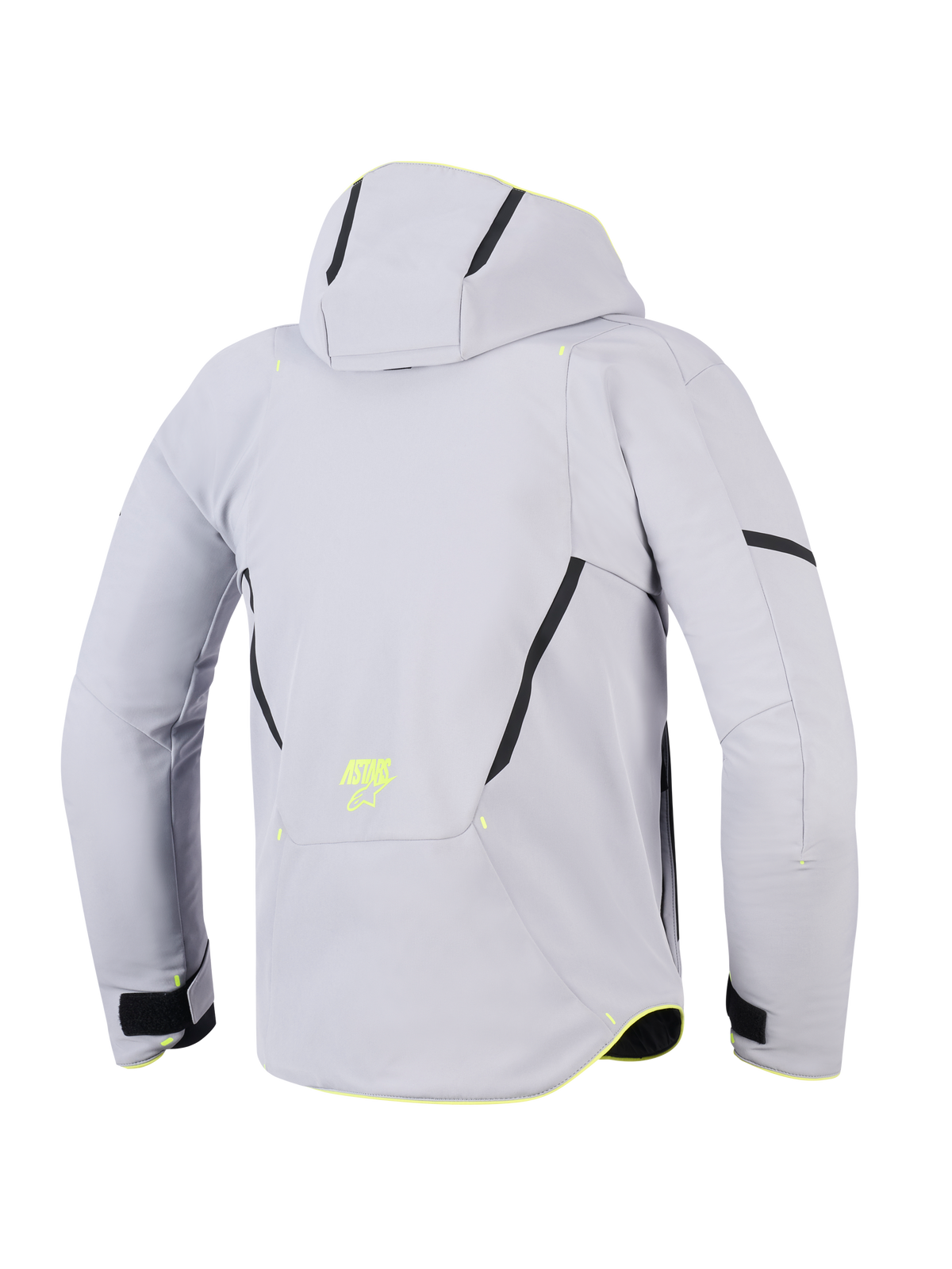Chaqueta Alpinestars Aeroshell WP, Gris Medio Amarillo Flúor, vista trasera de una chaqueta de moto con capucha, softshell textil gris claro con detalles diagonales negros, logotipo ASTARS amarillo flúor en la parte inferior de la espalda, diseño deportivo moderno.
