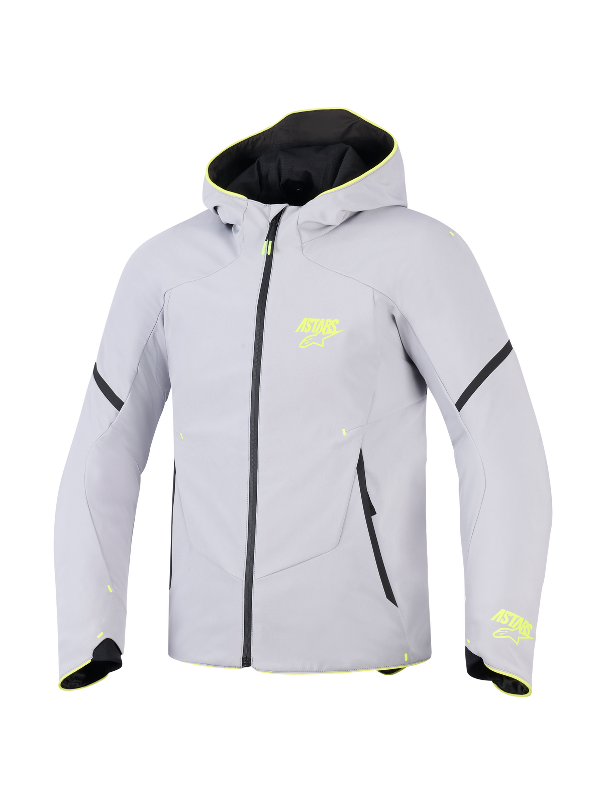 Chaqueta Alpinestars Aeroshell Waterproof, gris medio y amarillo flúor, chaqueta de moto softshell deportiva con capucha, con logotipos ASTARS en amarillo neón, cremallera impermeable negra y un ajuste atlético moderno