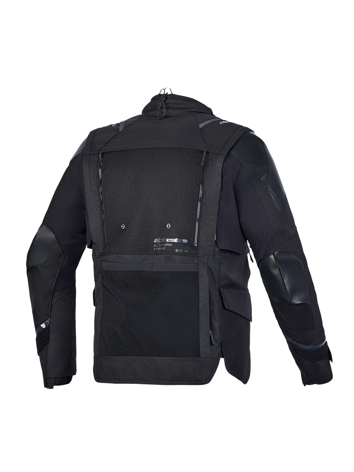 Alpinestars Harok V2 Drystar Jacket, chaqueta de moto adventure, vista trasera en negro, con construcción de ripstop técnico, panel de malla de ventilación y detalles de almacenamiento impermeable