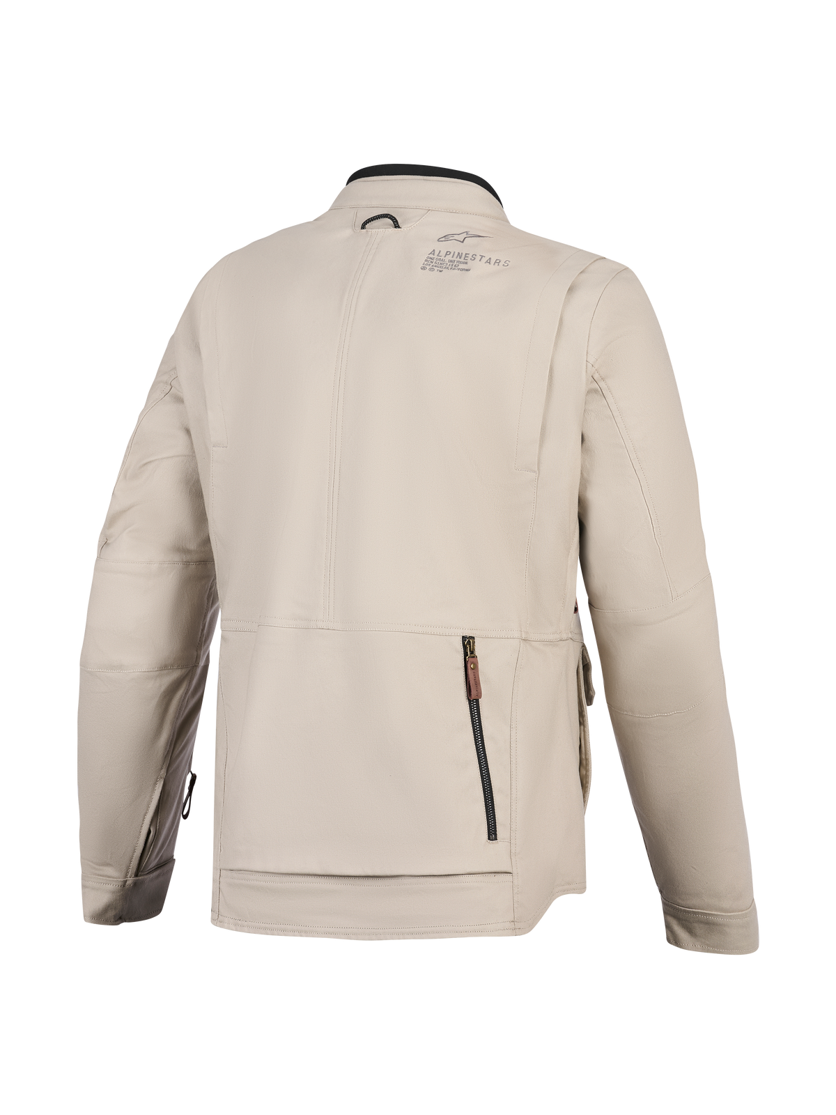 Alpinestars Borrego Drystar® Jacket, Motorcycle Jacket, Warm Gray, back view featuring a large rear zippered compartment, durable textile canvas construction with Alpinestars branding on the shoulder, adventure-ready design