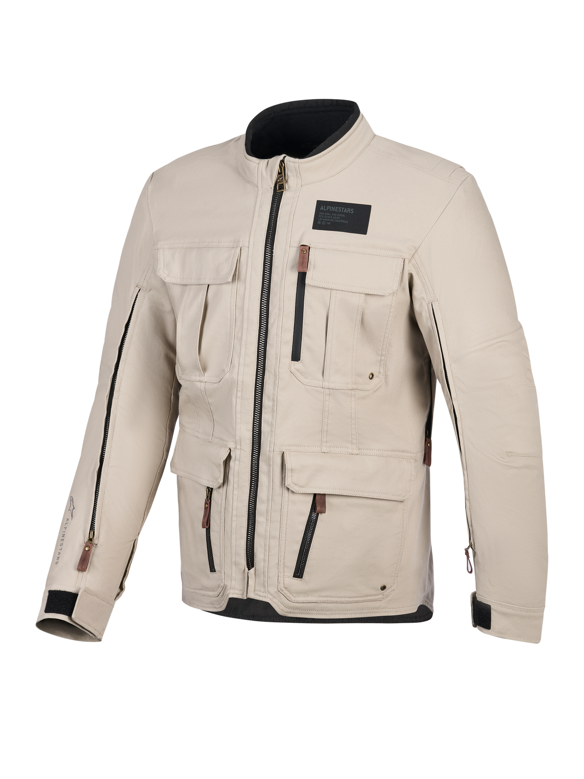 Alpinestars Borrego Drystar® Jacket, Motorcycle Jacket, Warm Gray, front view featuring multiple cargo pockets, black zippers with brown pull tabs, waxed-canvas texture, and a black branding patch on the chest.