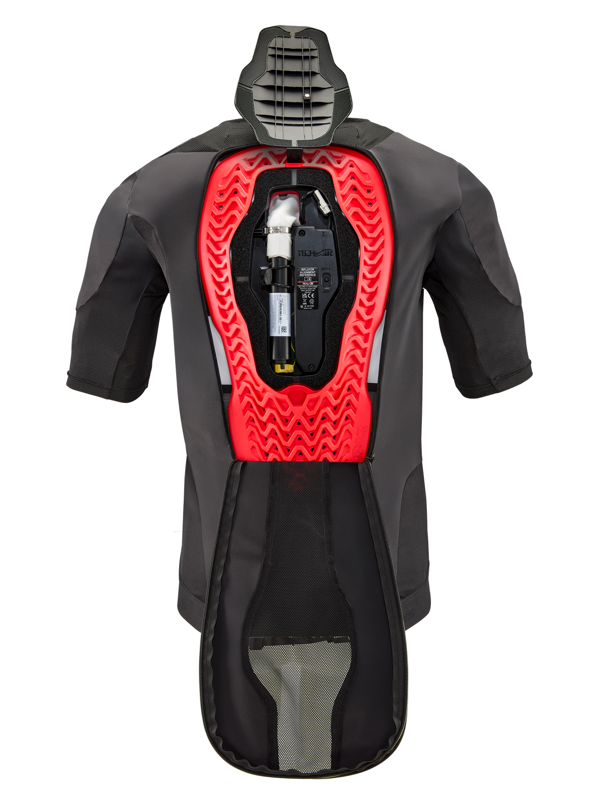 Cartucho de repuesto para airbag Alpinestars Tech-Air® 5 Plasma, mostrado en el interior de un chaleco Tech-Air® 5 Plasma, prenda negra con estructura interna de panal en rojo brillante, con cilindro de gas argón y unidad electrónica, equipo técnico de seguridad para motociclismo
