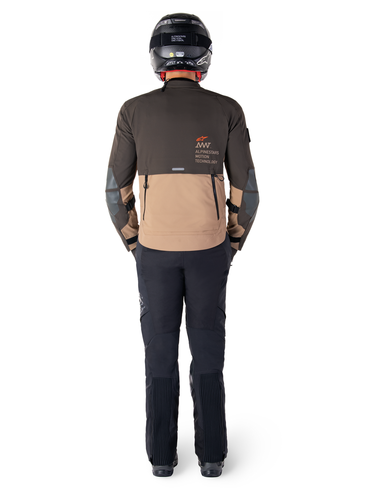 Alpinestars AMT-8 Stretch Drystar® XF Jacket, Adventure Touring Jacket, Dark Brown and Dark Khaki, rear view showing Alpinestars Motion Technology branding on the back, worn with black pants and black full-face helmet, performance stretch textile for adventure motorcycle gear
