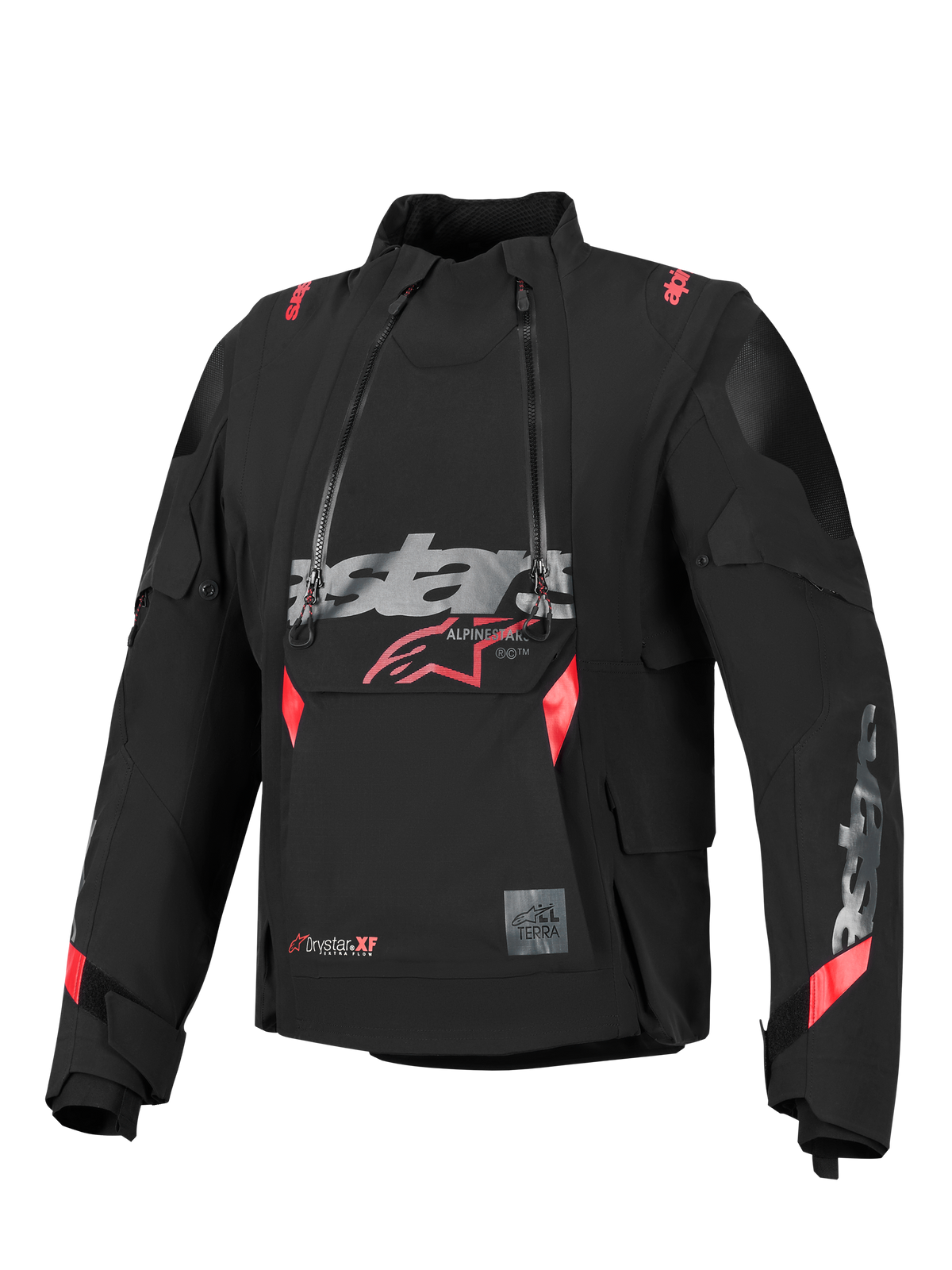 Chaqueta laminada Alpinestars Halo Pro Drystar® XF, negra con detalles en rojo y gris, con dos cremalleras frontales asimétricas impermeables, un gran logotipo en el pecho y un diseño textil técnico modular para conducción de aventura
