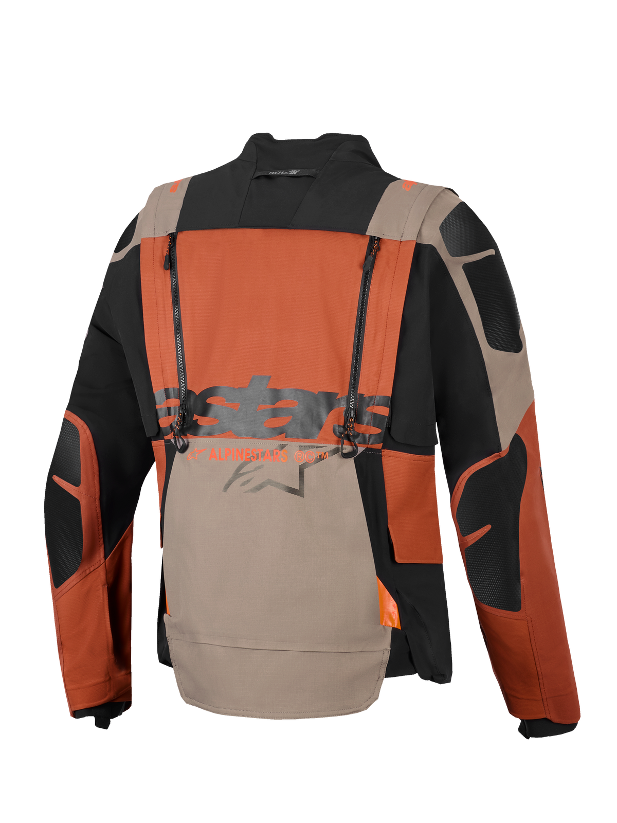 Alpinestars Halo Pro Drystar® XF Laminated Jacket, chaqueta de moto de aventura, color nogal, óxido y negro, vista trasera con cremalleras de ventilación verticales, logotipo grande de Alpinestars en el centro y construcción de tejido ripstop duradero