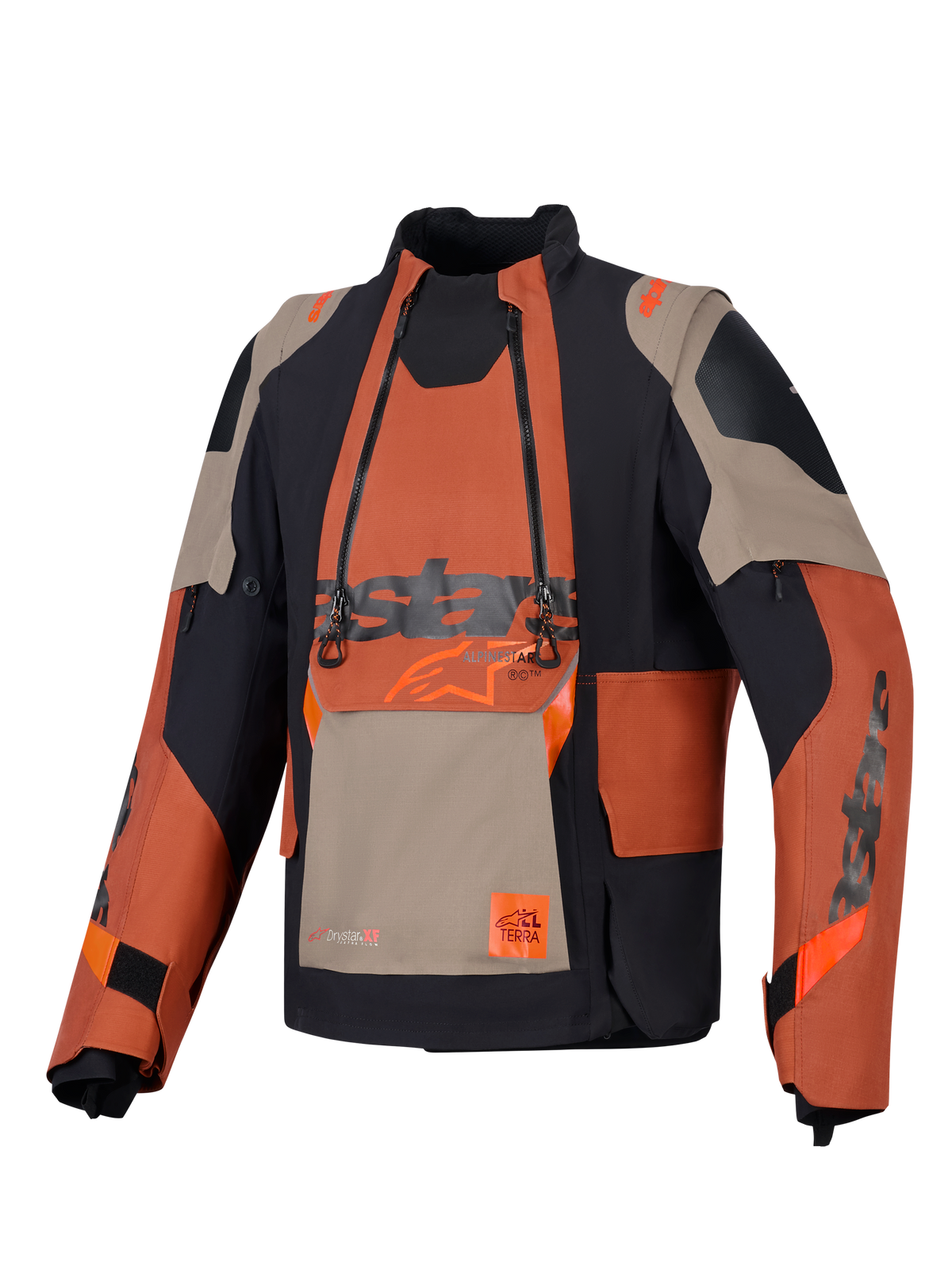 Chaqueta laminada Alpinestars Halo Pro Drystar® XF, chaqueta de aventura para motocicleta, color Walnut Rust Black, vista frontal que incluye un panel modular en el pecho con cremalleras dobles impermeables, construcción textil resistente con paneles en color canela y naranja.